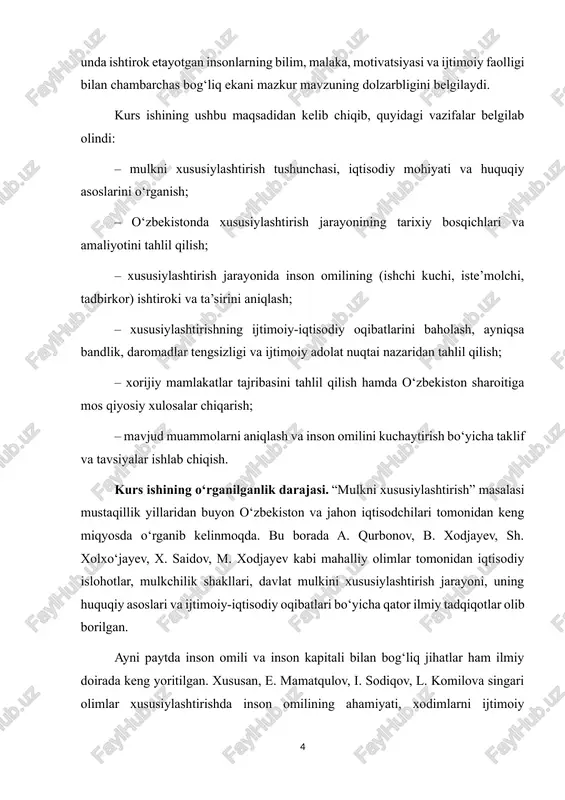 tiglits, p. samuelson, x. de soto kabi yetakchi iqtisodchilar xususiylashtirishning nazariy asoslari, inson kapitalining iqtisodiy o‘sishdagi roli hamda davlat va bozor o‘rtasidagi muvozanat masalalariga chuqur yondashganlar. shunga qaramay, xususiylashtirish jarayonida inson omilining bevosita tahliliga oid kompleks yondashuvlar hanuzgacha to‘liq shakllanmagan. ayniqsa, o‘zbekiston sharoitida xususiylashtirishning zamonaviy bosqichida inson omilining real ta’siri, muammolari va takomillashtirish yo‘llari alohida o‘rganishni talab etmoqda. shu bois mazkur kurs ishi mavzusi dolzarb bo‘lib, ilgari olib borilgan tadqiqotlarni tahlil qilish va yangi ilmiy yondashuvlar asosida takliflar ishlab chiqish imkonini beradi. sotsiologik tadqiqot metodologiyasining markaziy osiyo olimlari tomonidan o'rganilganlik darajasi: 1.markaziy osiyoda sotsiologik tadqiqot metodologiyasining rivojlanishi:markaziy osiyo hududida sotsiologiya sohasida metodologik tadqiqotlar 1990-yillardan so‘ng, sovet ittifoqining qulashidan keyin faol rivojlanishni boshladi. mustaqil bo‘lgan davlatlarda, jumladan, o‘zbekiston, qozog‘iston, turkmaniston, qirg‘iziston va tojikistonda sotsiologik tadqiqot metodologiyasi tobora mustahkamlanmoqda. shu davrda sotsiologiya sohasidagi ilmiy izlanishlar va tadqiqotlar davlat boshqaruvi, ijtimoiy o‘zgarishlar, siyosiy islohotlar, iqtisodiy rivojlanish va boshqa muhim sohalarda kengayib bormoqda. 2. …