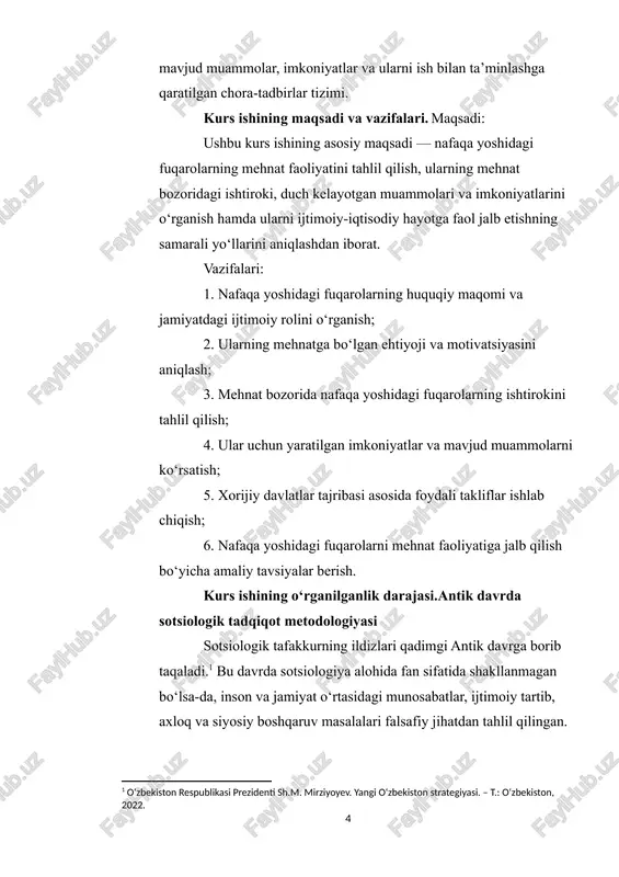 idagi fuqarolarning ijtimoiy faoliyati 1.1. nafaqa yoshidagi fuqarolarning jamiyatdagi o‘rni va mehnatga munosabati nafaqa yoshidagi fuqarolar har qanday jamiyatda alohida ijtimoiy qatlam sifatida e’tiborga loyiq hisoblanadi. ularning hayotiy tajribasi, mehnat faoliyatida yillar davomida to‘plagan bilim va ko‘nikmalari, shuningdek, yosh avlod tarbiyasiga qo‘shgan hissasi katta ahamiyatga ega. o‘zbekiston respublikasida bu toifadagi fuqarolarning ijtimoiy faolligini saqlab qolish va ularni jamiyat hayotida faol ishtirok etishlariga imkon yaratish dolzarb masalalardan biridir. o‘zbekiston respublikasi konstitutsiyasida va mehnat kodeksida belgilanganidek, har bir fuqaro mehnat qilish huquqiga ega va nafaqaga chiqqanidan so‘ng ham bu huquqni saqlab qoladi. bugungi kunda nafaqadagi fuqarolar orasida hali ham faol mehnat bilan shug‘ullanayotganlar talaygina. bu holat ularning hayotiy energiyasi, o‘z-o‘zini anglash ehtiyoji, moddiy mustahkamlikka intilishi bilan bog‘liq.[footnoteref:2] [2: ikromov k. o‘zbekistonda sotsiologik fikrlar taraqqiyoti. – t.: ma’naviyat, 2021.] i-nafaqa yoshidagi fuqarolarning jamiyatdagi o‘rni 1. hayotiy tajribaning egasi sifatida nafaqadagi insonlar uzoq yillar davomida to‘plagan tajribalari bilan jamiyatga foyda keltira oladi. ular yoshlarga …