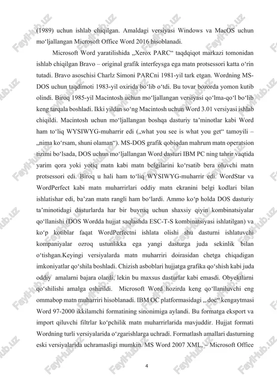 2007 xml, – microsoft office open xml ga asoslangan „ehtimoliy tanlangan“ formatni ishlatadi. word 97-2007 formatlarining tasnifi 2008-yilda microsoftda eʼlon qilingan. microsoft officening boshqa dasturlari kabi word oʻz imkoniyatlarini oʻziga oʻrnatilgan makrotil vositachiligida kengaytirishi mumkin (oldiniga wordbasic, word 97 versiyasidan soʻng vba – visual basic qoʻllangan). biroq bu virus xavfini oshiadi. yaqqol misol melissa chuvalchanggi epidemiyasi boʻloladi. shu sababdan antivirus dasturiy taʼminotidan foydalanish ortiqchalik qilmaydi. microsoft word hujjatlarini zararlagan ilk virus 1994-yil dekabrda j. mak-namarning makroviruslar yaratish imkoniyatlarini namoyishiga moʻljallangan dmv boʻlgan. „yovvoyi tabiatga“ tushgan va dunyodagi ilk makroviruslar epidemiyasini chaqirgan ilk virus esa concept hisoblanadi (1995-yil iyun-avgust). 2009-yil 12-avgustda texas shtati sudi microsoft patenti kanada i4i kompaniyasiga tegishli boʻlgan xml-fayllarni oʻqish uslubini noqonuniy foydalanishida ayblab, aqsh hududida word dasturlarini sotishni taqiqladi ms word soʻnggi yillarda oʻz imkoniyatlarini kengaytirdi. word 2003 versiyasidagi dastur asosiy ramzi word 2007 versiyasida qisman oʻzgartirildi. 1.2. word dasturining interfeysi va asosiy menyulari word matn protsessori …