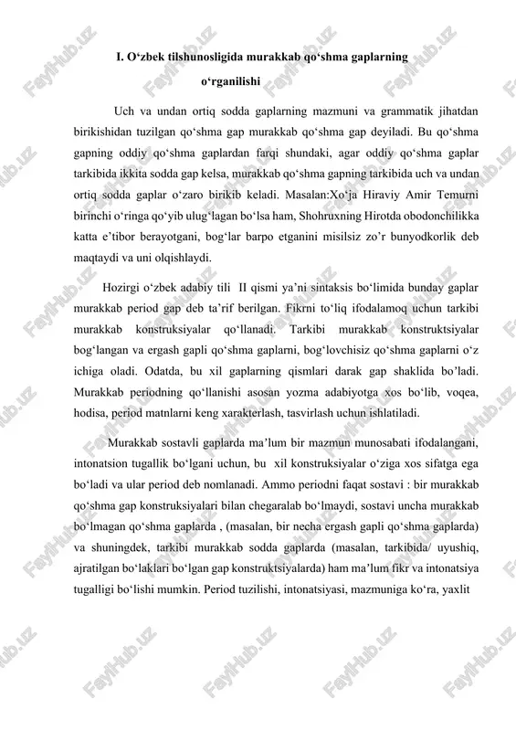tili(ii. sintaksis) toshkent. 1966-482-bet.] intonatsiyadan tashqari,payt va o‘rin munosabatini ko‘rsatuvchi ayrim leksik elementlar (keyin, baʼzan, gunda, birdan, bir ozdan, so‘ng, shunga qaramay v. b.) olmoshlar (ko‘proq ko‘rsatish olmoshlari), bog‘lovchi va bog‘lovchi vazifasidagi so‘zlar, ayrim bo‘laklarining takrorlanishi yoki umumiy bo‘laklarning mavjudligi, kesimlarning zamon munosabati, qismlarning o‘rinlashishi murakkab periodni tuzuvchi, uning qismlari orasida maʼlum mazmun munosabatini o‘rnatuvchi vositalar bo‘lib xizmat qiladi.[footnoteref:2] murakkab period yozma adabiyotda maʼlum stilistik maqsadlar uchun xizmat qilishi mumkin ular turli tasviriy, ekspressiv, satirik, lirik, yumoristik funktsiyalarda ishlatiladi. shu jihatdan bu xil sintaktik konstruktsiyalar ham stilistik, ham sintaktik hodisa sifatida o‘rganilishi shart. murakkab sostavli konstruktsiyalar alohida sintaktik-stilistik hodisadir. biz sintaktik nuqtai nazardan tekshiramiz. bunda murakkab periodning qismlari orasida ifodalangan mazmun munosabatlari va ularning sostavi ko‘rib o‘tiladi. murakkab periodni ikkidan ortiq gaplar tashkil etadi. bu gaplar orasida maʼlum mazmun munosabatlari o‘rnatiladi.[footnoteref:3] [2: reshetev v., ibroximov s., tursunov .,kamolov k. xozirgi uzbek adabiy tili(ii. sintaksis) toshkent. 1966- 482-bet.] [3: http://www.ziyonet.uz/ ] …