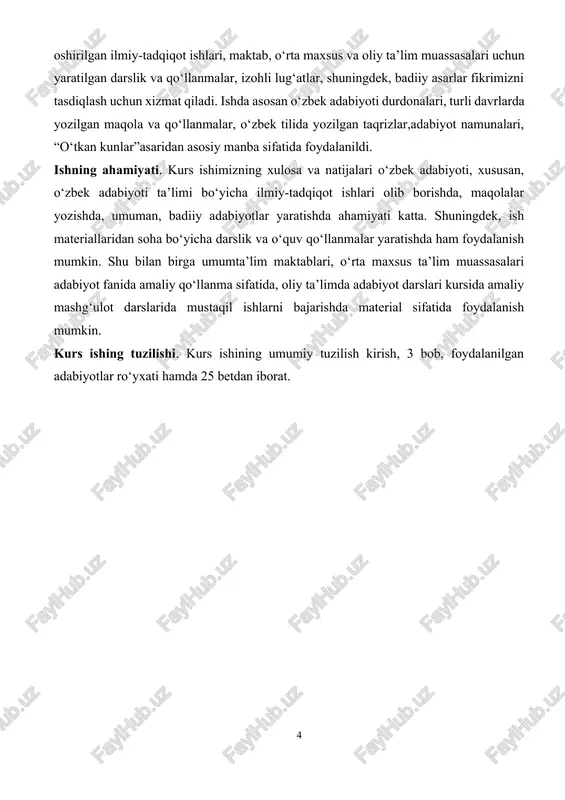 ingdek, ish materiallaridan soha bo‘yicha darslik va o‘quv qo‘llanmalar yaratishda ham foydalanish mumkin. shu bilan birga umumta’lim maktablari, o‘rta maxsus ta’lim muassasalari adabiyot fanida amaliy qo‘llanma sifatida, oliy ta’limda adabiyot darslari kursida amaliy mashg‘ulot darslarida mustaqil ishlarni bajarishda material sifatida foydalanish mumkin. kurs ishing tuzilishi. kurs ishining umumiy tuzilish kirish, 3 bob, foydalanilgan adabiyotlar ro‘yxati hamda 25 betdan iborat. i bob.“o‘tkan kunlar”romani qahramonlarining ruhiy olami abdulla qodiriy ijodining muhim xislati-tarixiy burilishlar davrida xalq ichida bo‘layotgan katta xodisalar tasviriga murojaat etishidir. bu xislat, ayniqsa uning yirik tarixiy prozasida yaqqol ko‘rinadi. 1922-yilda parchalari bosilib, 1926-yil boshlarida nashrdan chiqqan “o‘tgan kunlar” romani yaqin o‘tmishning yeng og‘ir, yeng qora kunlari bo‘lgan “xon zamonlariga” bag‘ishlangan edi. “o‘tgan kunlar” ham mazmun, ham shakl, ham uslub jihatidan butun o‘rta osiyo xalqlari adabiyotida tom ma’noda novator bo‘lib, katta ijtimoiy qiziqish tug‘dirdi. mashhur sharqshunos e.ye.bertels “o‘tgan kunlar” munosabati bilan “evropa romani, ingliz romani, rus romani bilan bir qatorda o‘zbek …