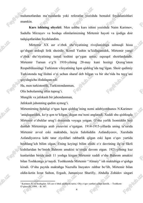 ishilaridan bo‘lmish bahrom amakisi taʼsirida davom etgan. 1921-yilning kuz kunlaridan birida endi 11 yoshga kirgan mirtemir xuddi o‘sha bahrom amakisi bilan toshkentga jo‘naydi. toshkentda mirtemir “almaiy” ish maktabiga o‘qishga kiradi. o‘sha paytda maktabga nazrulla inoyatov rahbar bo‘lib, mirtemir bilan oldin-ketin izzat sulton, ergash, jumaniyoz sharifiy, abdulla zohidov singari kelajakda o‘zbek ilm-fanining mashhur namoyandalari darajasiga ko‘tarilgan shaxslar o‘qigan edi. albatta, bunday mo‘tadil iqlim mirtemirning yaxshi bilim olishiga va har tomonlama rivojlanishiga kuchli ijobiy taʼsir ko‘rsatgani tabiiydir. shunday taʼsirlar va amakilarining daʼvati bilan u 1923-yilda “almaiy” ish maktabini bitirgach, toshkent shahridagi o‘lka o‘zbek erlar bilim yurtida o‘qishni davom ettiradi. bu bilim yurtida mirtemir o‘ziga muayyan taʼsir ko‘rsatgan domlalar orasida olim sharafiddinov, abdurahmon saʼdiy, qayum ramazon va oybeklarni katta hurmat bilan tilga oladi. xuddi shunday ustozlar va bilim yurtidagi adabiyot, drama to‘garaklari mirtemirda badiiy ijodga qiziqish uygʼotadi. bilim yurtida o‘qib yurgan chogʼlarida u mumtoz o‘zbek va fors-tojik adiblari qatorida o‘sha paytlarda mashhur bo‘lgan …