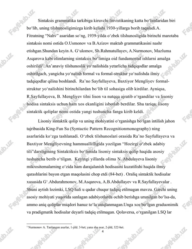 lozim. tadqiqod obyekti va predmeti. kurs ishining mavzusi tilshunoslikning sintaksis bo‘limiga asoslangan bo‘lib, sintaksis va uning birliklari radqiqodning obyekti bo‘lib xizmat qiladi. ishning predmti, siztaktik birliklarning lisoniy sathdagi qoliplarini aniqlash va uning asosiy vazifasini topishdir. i bob. lisoniy sintaktik qolip va uning asosiy turlari. fanda til va nutqni ilk bora farqalagan olim ferdinand de sossyur ekanligi hech kimga sir emas. an’anaviy tilshunoslik bu prinspdan og‘ishmagan holda tilni til va nutqqa bo‘lib o‘rganib kelmoqda. formal-funksional tilshunoslik yo‘nalishi vakillari esa tilni lison va nutqqa ajratib o‘rganish lozimligi isbotladilar. natijada lison va nutqning birlashmasi til deb atala boshlandi.[footnoteref:2] [2: mengliyev b. hozirgi o‘zbek adabiy tili. – toshkent: tafakkur bo‘stoni, 2018.19-bet ] lison botiniy hodisa bo‘lib, u umisga tegishlidir. lison uchun eng xarakterli jihat uningamaliy nutqda uchrashi mumkin bo‘lgan barcha holatlarni umumlashtirishi, mavhumlashtirishi, qoliplashtirishidir. bu qoliplar ongizmida yashaydi va kerakli vaziyatda nutqimizda namoyon bo‘ladi.g‘isht quyuvchi minglab g‘isht quyish uchun yagona qolipdan foydangani kabi, iste’molchilar …