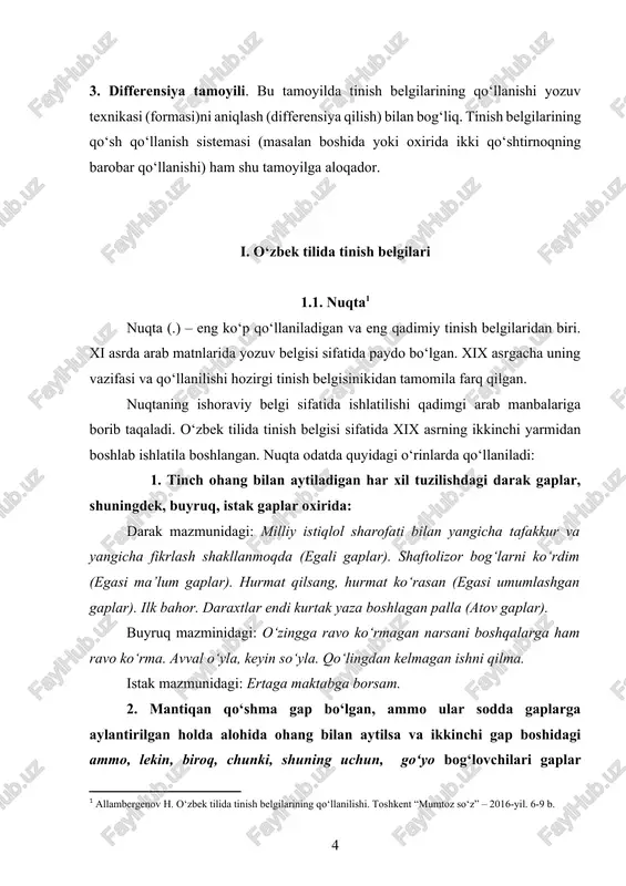 alovchi raqamlardan so‘ng o‘zaro ajratish uchun ular orasiga qo‘yiladi: 02.07.2022., 2013-y. , 5-avg. , terishga berildi 11.02.2006. 1.2. so‘roq belgisi[footnoteref:2] [2: allambergenov h. o‘zbek tilida tinish belgilarining qo‘llanilishi. toshkent “mumtoz so‘z” – 2016-yil. 10-11 b.] so‘roq belgisi (?) – gap oxirida qo‘llaniladigan tinish belgilaridan biri. bu belgi asosan mazmunidan so‘roq anglashilgan gaplar oxiriga qo‘yiladi va shu gapning ifoda maqsadiga ko‘ra so‘roq gap ekanligini ko‘rsatiladi. bu belgi o‘zbek tiliga rus tilidan kirgan. so‘roq belgisining kelib chiqishi lotincha question – so‘roq so‘ziga borib taqaladi. so‘roq ma’nosida mazkur so‘zning birinchi harfi “q” ishlatila boshlagan, keyinchalik uning shakli hozirgi holatga (?) kelib qolgan. o‘zbekcha matnlarga 1885-yildan boshlab, “turkiston viloyatining gazetasi” sahifalarida ayrim matnlarda uchraydi. 1900-yildan so‘ng esa muntazam ishlatiladi boshlangan. o‘zbek tilida so‘roq belgisi quyidagi o‘rinlarda ishlatiladi: 1. so‘roq gaplarning oxirida. bunday gaplar tarkibida so‘roqni bildiruvchi leksik yoki grammatik vositalar: so‘roq olmoshlari, so‘roq yuklamalari va so‘roq ohangi ishtirok etadi: - qayerdansiz? – so‘radi kimdir …