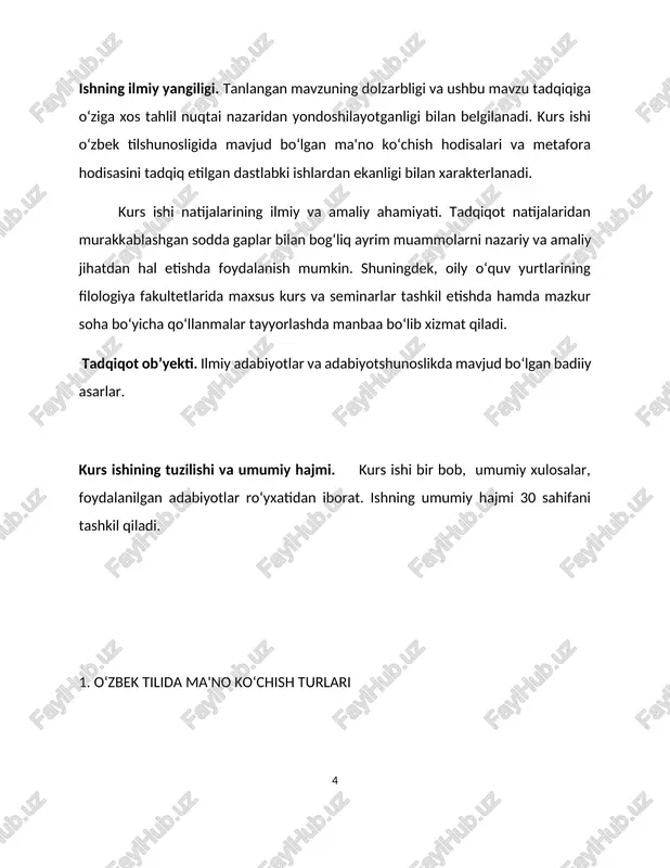 ki u odamning qulog‘iga o‘xshashligi asosida yuzaga kelgan. lekin ayni so‘zning bu ma’nosi tilda doimiy metaforaga aylangan, ya’ni turg‘unlashib, mazkur tushunchaning nomiga aylangan.metafora qanchalik yangi, tutilmagan bo‘lsa, shunchalik ifodali bo‘ladi. mohir so‘z ustalari o‘z asarlarida so‘zlarni metaforik ma’noda qo‘llash orqali ifodali, obrazli nutqning go‘zal namunalarini yaratadilar. quyidagi misolda buni ko‘rish mumkin: manglayi tirishar zinapoyaning, panjara kuylaydi misoli chiltor, terlab ketganini ko‘rsang oynaning... hamma narsa seni kutar intizor. (iqbol mirzo) ajratib ko‘rsatilgan so‘zlar ko‘chma – metaforik ma’noda qo‘llangan.metonimiya narsa yoki tushunchalar o‘rtasidagi muayyan aloqadorlik asosida birining nomi bilan ikkinchisining atalishidir. masalan, dasturxonga qarang! jumlasidagi dasturxon so‘zi metonimik qo‘llangan. yozuvchining mahorati bilan badiiy nutqdagi metonimiya tufayli yuzaga kelgan ifodalilikka e’tibor bering: bu yerga termulib parishon dunyo, to‘g‘rilab oladi qo‘lda soatin. (a. oripov) sinekdoxa narsa yoki tushunchalar o‘rtasidagi butun-bo‘lak munosabati asosida birining nomini ikkinchisiga ko‘chirishdir. masalan, bu kishi tirnoqqa zor jumlasidagi tirnoq so‘zi sinekdoxa yo‘li bilan «farzand» ma’nosida qo‘llangan. buni quyidagi misollar orqali …