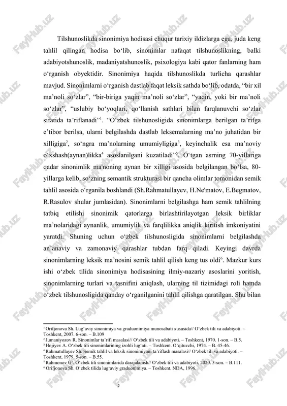 madaniyatini oshirishga xizmat qiladi. natijalar darsliklar, uslubiy qo‘llanmalar va ilmiy tadqiqotlar uchun foydali manba bo‘lishi mumkin. kurs ishining tuzilishi – kirish, ikki bob, har bir bobda ikkita fasl, xulosa va foydalanilgan adabiyotlar ro‘yxatidan iborat. “sinonimlarga bunday yondashuv ulardagi aynanlik va farqlilik belgilarini ajratishda muhim ahamiyatga egadir. til sathi birliklarida kuzatiluvchi aynanlikni ularning ma’nosi, shakli, vazifasi, uslubiy belgisi kabilarning teng kelishida, o‘zaro muvofiqligida ko‘rish mumkin. bu kabi aynanliklar farqlanishlar bilan o‘zaro aloqada bo‘lib, bir-biriga nisbatan belgilanadi. farqlilik aynanlik doirasidagi ma'no o‘zgarishlarining bevosita kuchayib, rivojlanib borishi natijasida nisbiy o‘zgachalik xususiyatlarini kasb eta borish holatidir. zidlilik aynanlikdan sifat o‘zgarishlari orqali o‘sib chiqar ekan, bu jarayonda yangi mohiyatning yuzaga kelishi sodir bo‘ladi. e.n.miller qarashlariga ko‘ra, zidlilik aynanlikning dialektik inkori, aynanlikning noo‘xshash ko‘rinishidir. zidlilik aynanlikdan variantlilik, farqlilik orqali (tadrijiy “sakrash” yo‘li bilan) hosil bo‘lgan boshqa aynanlikni, ya’ni yangi narsa bo‘lib, o‘zidan keyingi “zanjirli” jarayonning (aynanlik-farqlilik-zidlilik) dastlabki xalqasini hosil qiladi[footnoteref:7]. ko‘rinib turibdiki, aynanlikdan farqlilikka o‘tishda zanjirsimon …