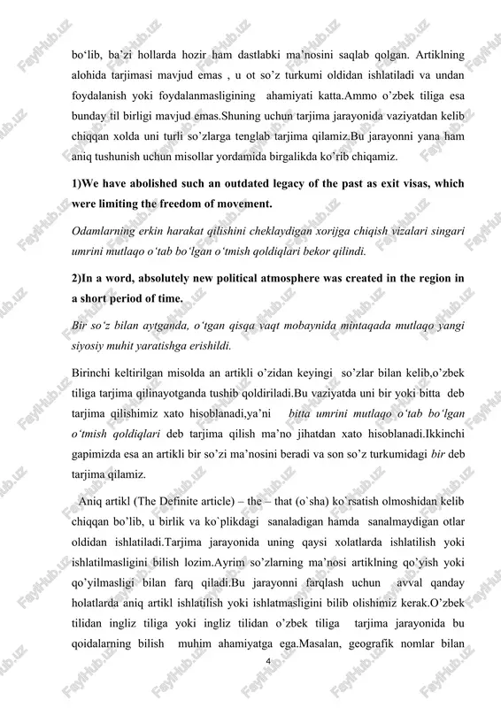 k tilidan ingliz tiliga yoki ingliz tilidan o’zbek tiliga tarjima jarayonida bu qoidalarning bilish muhim ahamiyatga ega.masalan, geografik nomlar bilan artiklning ishlatilishi ma`lum qoidalarga ega: aniq artikl daryolarning nomi bilan ishlatilgan bir paytda ko`llar nomi oldidan qo`yilmaydi. bitta tog` (yoki bitta orol)ning nomi artiklsiz ishlatilsa, tog`lar tizmasi nomi oldidan, albatta, aniq artikl qo`yilishi shart. 1-jadval. the artikli ishlatiladigan holatlar o’zbek misol english example 1 dengiz nomlari qora dengiz the names of sea the black sea 2 okean nomlari tinch okeani the names of ocean the pacific ocean 3 daryo nomlari amudaryo the names of river the amu darya 4 sharshara nomlari niagara sharsharasi the names of falls the niagara falls 5 kanal nomlari panama kanali the names of canal the panama canal 6 orol nomlari bagama oroli the names of islands the kuril islands 7 tog’ tizmalari nomlari ural tog tizmalari the names of mountain ranges the ural mountains 8 …