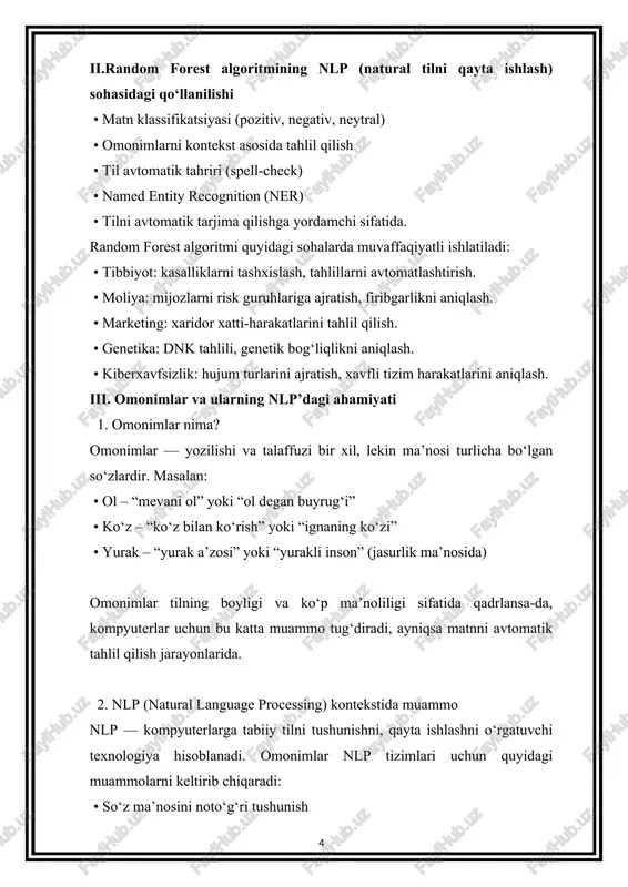 ri random forest — ansambl o‘rganish usullariga asoslangan algoritm bo‘lib, ko‘p sonli qaror daraxtlari yordamida bashorat qiladi. u quyidagi asosiy parametrlarga ega: ➤ n_estimators • bu parametr o‘rmondagi daraxtlar sonini bildiradi. • masalan: n_estimators=100 — 100 ta qaror daraxtidan tashkil topgan o‘rmon. • ta’siri: daraxtlar soni ortishi bilan modelning aniqligi oshadi, lekin kompyuter resurslari ko‘proq talab qilinadi. ➤ max_depth • har bir daraxtning maksimal chuqurligi. • agar none bo‘lsa, tugunlar faqatgina min_samples_split sharti bajarilmaguncha bo‘linadi. • kichik qiymatlar: underfitting (kam o‘rganish), katta qiymatlar: overfitting (ortiqcha o‘rganish). ➤ criterion • bo‘linishni qanday baholash kerakligini belgilaydi. • qiymatlar: gini (gini impurity), entropy (axborot entropiyasi). • ikkisi ham bo‘linish sifati baholanadigan mezonlardir. ➤ min_samples_split • tugunni keyingi bo‘linish uchun zarur bo‘lgan eng kam namunalar soni. • katta qiymatlar modelni soddalashtiradi, kichik qiymatlar esa chuqur daraxtlar yaratishga olib keladi. ➤ random_state • model natijasining takrorlanishini ta’minlash uchun ishlatiladi. • har safar bir xil random_state …