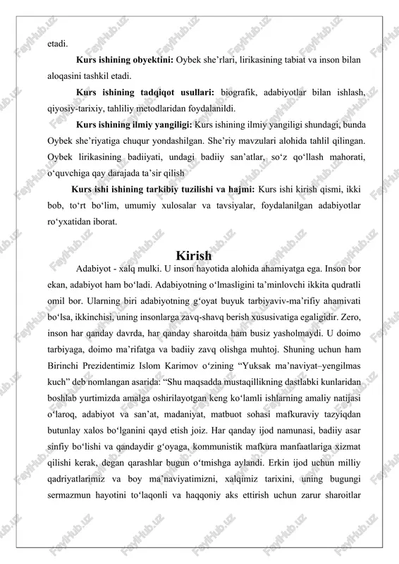 olatli bahoni umarali normatovning quyidagi soʻzlari ham tasdiqlaydi: “hech qaysi soha xx asrda adabiyotchalik millat taqdiri, ijtimoiy adolat, inson erki, sha’nini, himoyasi yoʻlida izchil, muntazam kurash olib borgan emas. “oʻtkan kunlar” romani, choʻlpon she’riyati, fitrat dramalaridan tortib, oybekning “navoiy” romani-yu togʻay murodning “otamdan qolgan dalalar” asari. shavkat rahmonning mardona eng yetuk badiiyat namunalarini koʻz oldingizga keltiring, el-yurt qaygʻusi, millat erki, ozodligi, mustaqilligi gʻoyalarini bu qadar yonib aks ettirilgan boshqa biror sohani topolmaysiz! mustaqillik gʻoyasini mafkurasini birinchi galda xx asr buyuk soʻz ustalari tayyorladi degan qarashga toʻla qoʻshilaman. xx asr adabiyotining millat badiiy zavqi, goʻzallik tuygʻusini shakllantirishdagi xizmatlari esa beqiyosdir[footnoteref:4]. [4: xx asr mening taqdirimda. -toshkent: jahon adabiyoti, 2009. -b. 24.] 1.1 oybek lirikasining mavzusi xx asr o‘zbek adabiyotining rivojiga salmoqli hissa qo‘shgan ulug‘ adib, shoir, olim, jamoat arbobi muso toshmuhammad o‘g‘li oybek 1905-yil 10-yanvarda toshkent shahrida bo‘zchi oilasida dunyoga keldi. oldin o‘rta maktabda, 1922-1925 yillarda esa toshkent ta’lim va tarbiya …