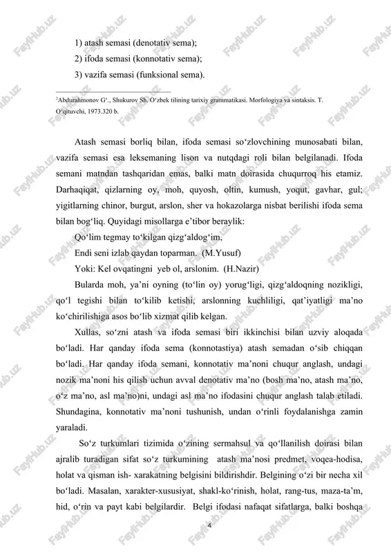 kabi belgilardir. belgi ifodasi nafaqat sifatlarga, balki boshqa soʻz turkumlariga ham xosdir. masalan, ot ham matnda (bogʻli qurshovda) sifat kabi belgi ifodalashi mumkin: shakar qiz, oltin soat, zilol suv va hokazo. ayrim sifat xarakteridagi olmoshlar ham sifat kabi belgi ifodalash imkoniga ega: hamma oʻquvchi, barcha xalq, hech bir inson kabi. ravish belgi bildirishiga koʻra sifat bilan mushtaraklik hosil qiladi, ya’ni ravish ham sifatlardek predmet belgisini ifodalab keladi: mardona jang, doʻstona uchrashuv, betoʻxtov harakat va hokazo. sifat soʻz turkumining oʻziga xos lingvistik xususiyatlaridan biri uning polisemantik xususiyatidir. polisemantika bu - formal tilshunoslikda bir ma’noli va koʻp ma’noli soʻzni farqlaganligi kabi nazariy leksikologiyada bir sememali va koʻp sememali leksema farqlanadi. nutqda qoʻllangan soʻz har doim bir ma’noli. chunki, soʻz leksemaning bir martalik koʻrinishi boʻlib, u leksemaga zid ravishda betakrorlik tabiatiga ega. leksema bir tushunchani ifodalasa, u bir sememali leksema deyiladi. masalan, kichik leksemasi bir tushunchani ifodalaydi va shu sababli bir sememali leksema …