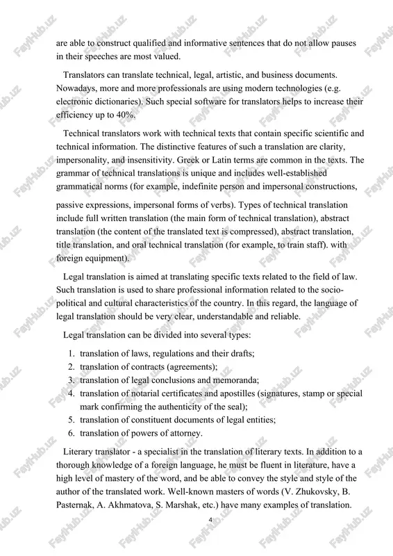 tware for translators helps to increase their efficiency up to 40%. technical translators work with technical texts that contain specific scientific and technical information. the distinctive features of such a translation are clarity, impersonality, and insensitivity. greek or latin terms are common in the texts. the grammar of technical translations is unique and includes well-established grammatical norms (for example, indefinite person and impersonal constructions, passive expressions, impersonal forms of verbs). types of technical translation include full written translation (the main form of technical translation), abstract translation (the content of the translated text is compressed), abstract translation, title translation, and oral technical translation (for example, to train staff). with foreign equipment). legal translation is aimed at translating specific texts related to the field of law. such translation is used to share professional information related to the socio-political and cultural characteristics of the country. in this regard, the language of legal translation …