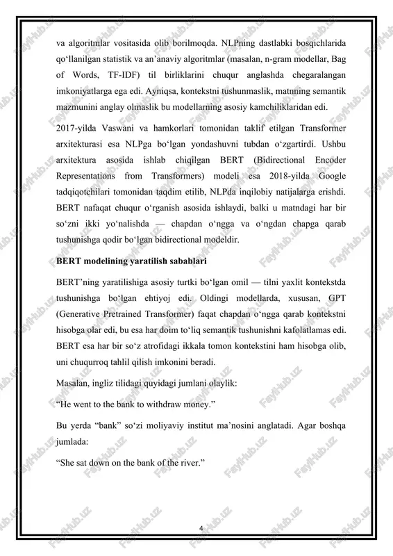 u matnni to‘liq kontekst asosida o‘rganadi. bu esa semantik anglash va sintaktik aniqlikni oshiradi. pre-training va fine-tuning: bert avval umumiy matnlar (wikipedia, bookscorpus) asosida pre-train qilinadi. keyinchalik u aniq bir vazifaga mos ravishda fine-tune qilinadi (masalan, matn tasnifi, savol-javob, nomalum so‘zni topish va h.k.). transformer encoder asosida ishlash: bert faqat encoder qismini ishlatadi. bu esa kiruvchi matnni tahlil qilishga ixtisoslashgan. bert modeli, shubhasiz, nlpning yangi bosqichini boshlab berdi. u turli til resurslarida test sinovlarida (glue, squad, mnli) rekord natijalarga erishdi. aynan shuning uchun bert algoritmi hozirgi kunda ko‘plab til texnologiyalarining asosi sifatida foydalanilmoqda. bertning diqqatni jalb qilish mexanizmi bertning transformatorli ikki tomonlama chuqur oʻrganishi elementlar (masalan, matndagi soʻzlar) oʻrtasidagi munosabatlarni qamrab oluvchi diqqat mexanizmiga tayanadi, bu unga maʼnoni izohlash va ketma-ketlikning qaysi qismlari kontekst va bashorat qilish uchun muhimligini aniqlash imkonini beradi. odamlar ahamiyatsiz tafsilotlarni e'tiborsiz qoldirishga yoki tezda unutishga moyil bo'lganidek, bert ham jumladagi har bir so'zning ahamiyatini ko'rsatadigan …