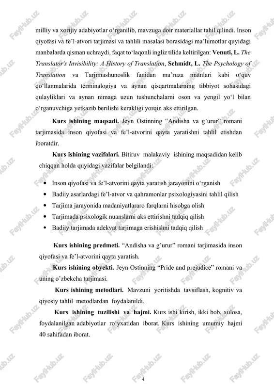 yofasi va fe’l-atvorini qayta yaratish jarayonini o‘rganish · badiiy asarlardagi fe’l-atvor va qahramonlar psixologiyasini tahlil qilish · tarjima jarayonida madaniyatlararo farqlarni hisobga olish · tarjimada psixologik nuanslarni aks ettirishni tadqiq qilish · badiiy tarjimada adekvat tarjimaga erishishni tadqiq qilish kurs ishining predmeti. “andisha va g’urur” romani tarjimasida inson qiyofasi va fe’l-atvorini qayta yaratish. kurs ishining obyekti. jeyn ostinning “pride and prejudice” romani va uning o’zbekcha tarjimasi. kurs ishining metodlari. mavzuni yoritishda tavsiflash, kognitiv va qiyosiy tahlil metodlardan foydalanildi. kurs ishining tuzilishi va hajmi. kurs ishi kirish, ikki bob, xulosa, foydalanilgan adabiyotlar ro‘yxatidan iborat. kurs ishining umumiy hajmi 40 sahifadan iborat. i bob. tarjimada inson qiyofasi va fe’l-atvorini qayta tiklash muammosi va jeyn ostin ijodi 1.1. jeyn ostin ijodi va “andisha va g’urur” romani jeyn ostin (jane austen) — ingliz yozuvchisi bo'lib, uning asarlari xix asr adabiyotining eng yorqin namunalaridan biri hisoblanadi. uning ijodi asosan sevgi, ijtimoiy munosabatlar va inson tabiatining …