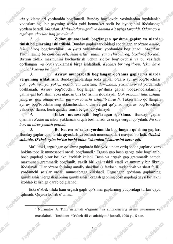 boshi bilan “shundoh” ishorasini berar edi. ma’lumki, ergashgan qo‘shma gaplarda ikki yoki undan ortiq sodda gaplar o‘zaro hokim-tobelik munosabati orqali bog‘lanadi.[footnoteref:2] ergash gap bosh gapga tobe bog‘lanib, bosh gapdagi biror bo‘lakni izohlab keladi. bosh va ergash gap grammatik hamda mazmunan grammatik bog‘lanib, yaxlit birlikni tashkil etadi va umumiy bir fikrni ifodalaydi. ular o‘zaro fe’lning amaliy shakllari (sifatdosh, ravishdosh va shart fe’li), yordamchi so‘zlar orqali munosabatga kirishadi. ergashgan qo‘shma gaplarning guruhlashishi ergash gapning guruhlashish ergash gapning bosh gapdagi qaysi bo‘lakni izohlab kelishiga qarab belgilanadi. [2: nurmatov a. tilni sistemali o‘rganish va sintaksisning ayrim muammo va masalalari. – toshkent: “o‘zbek tili va adabiyoti” jurnali, 1998 yil, 5-son. ] eski o‘zbek tilida ham ergash gapli qo‘shma gaplarning yuqoridagi turlari qayd qilinadi. quyida ko‘rib o‘tamiz. ega ergash gapli qo‘shma gaplar. ma’lumki, ega ergash gap bosh gapdagi olmosh bilan ifodalangan egani izohlab, to‘ldirib keladi. eski o‘zbek tilida ega ergash gap bosh gapga quyidagicha bog‘langan. 1. …