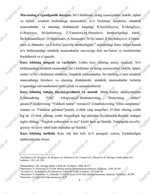tugallangan, so`z birikmalarini esa tugallanmagan so`z birikmasi deb ataydi. uningcha, so`z birikmalari grammatik va nogrammatik so`z birikmalariga bo`linadi. grammatik so`z birikmalarga ma`lum formal grammatik vositalar bilan birikkan ptitsa letit, xoroshaya pogoda tilidagi birikmalar, nogrammatik birikmalarga hech qanday formal kursatkichlarsiz birikkan poet pushkin tilidagi birikmalar kiritiladi.[footnoteref:10] f.f.fortunatovning sintaktik qarashlari rus grammatika fanining rivojlanishida katta rol` oynaydi. uning qarashlari so`z birikmasi muammolarini ishlashda ma`lum darajada asos vazifasini o`tadi. f.f.fortunatovning izdoshi a.m.peshkovskiy fikricha, sintaksis grammatikaning bir bo`limi bo`lib, u so`z birikmasi formalarini o`rganuvchi sohadir. sintaksisga bunday ta`rif berish ikki sintaktik konstruktsiya – gap va so`z birikmasini shalkashtirishga olib keladi. a.m.peshkovskiy gaplarning barcha xillari (so`z- gaplardan tashqari) so`z birikmasi deb talqin qildi. so`z birikmasiga bunday munosabatda bo`lish so`z birikmasi bilan gapni farqlamaslikka olib keladi. a.a.shaxmatov esa so`z birikmasiga butunlay yangicha munosabatda bo`ldi. uning fikricha, so`z birikmasi gap sostavida mavjud bo`lib, ikkinchi darajali bo`laklarning bosh bo`laklarga va ularning bir-birlariga bo`lgan aloqasini o`rganadi.[footnoteref:11] shunday qilib, unda …
