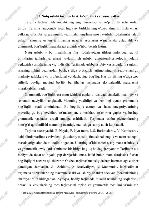 nyu-mark, l.s. barkhudarov, v. komissarov kabi olimlar tarjima ekvivalentligi, uslubiy moslik, funksional tenglik va matn sadoqati masalalariga alohida to‘xtalib o‘tganlar. ularning ta’kidlashicha, tarjimada uslubiylik va grammatik uzviylikni ta’minlash bir-biriga bog‘liq holdagi jarayondir. tarjimon o‘z faoliyatida faqat so‘z yoki gap darajasida emas, balki butun matn darajasida fikrlar bog‘liqligini nazorat qilishi zarur. o‘zbek tarjimashunosligida ham bu masalaga e’tibor qaratilgan. jumladan, g‘. zohidov, a. madvaliyev, n. mahmudov kabi olimlar tarjimada til birliklarining mazmun, shakl va uslubiy jihatdan adekvat ifodalanishining ahamiyatini ta’kidlaganlar. ayniqsa, badiiy tarjimada muallif uslubining saqlanishi, obrazlilik vositalarining mos tarjimasini topish va grammatik moslikni ta’minlash alohida murakkablik tug‘diradi. shu nuqtai nazardan qaraganda, tarjimada nutq uslubi va grammatik bog‘liqlikning nazariy asoslarini chuqur o‘rganish, ularning o‘zaro bog‘liqligini aniqlash va amaliy misollar orqali tahlil qilish tarjimaning sifatini oshirishda muhim ahamiyat kasb etadi. bu esa nafaqat tarjimonlar uchun, balki tarjima nazariyasi bilan shug‘ullanayotgan tadqiqotchilar uchun ham dolzarb masala hisoblanadi. tarjimada nutq uslubi va grammatik bog‘liqlikni ta'minlash, …