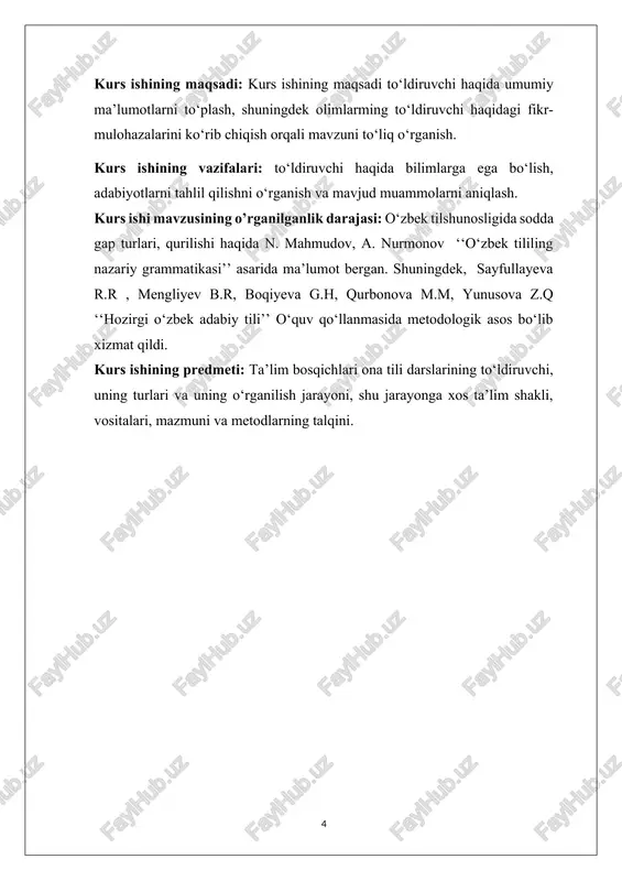lanadi. masalan: aql va idrok quyoshga o‘xshaydi, ular dog‘larni berkitadi (‘‘oz-oz o‘ganib dono bo‘lur ’’). to‘ldiruvchi o‘zi bog‘lanib kelgan so‘z bilan (fe’l, sifat, ravish, ot, modal so‘z bilan) to‘ldiruvchi - to‘ldirilmish sintaktik munosabatini yuzaga keltiradi. to‘ldiruvchi ifoda materialiga ko‘ra egaga hamda qaratuvchiga o‘xshaydi, faqat grammatik shakl jihatdan ulardan farq qiladi. to’ldiruvchi quyidagicha ifodalanadi: 1. ot bilan: nodon kishi o‘zining nasl-nasabiga, olim kishi esa ilm va adabiga tayanadi (‘‘oz-oz o’rganib dono bo‘lur ’’). 2. olmosh bilan: shaharliklar o‘zlarini tog‘da yashayotganday his qilishadimi? 3. harakat nomi bilan: xalqning hurmat qilishini tilasangiz, avval o‘zingiz hammani hurmat qiling (‘‘oz-oz o‘rganib dono bo‘lur’’). olim kishi maqtashlar va olqishlarga uchib, o‘zini yuqori tutmaydi, kamtar bo‘ladi (‘‘oz-oz o‘rganib dono bo‘lur ’’). 4. otlashgan sifat bilan: yomondan qoch, yaxshiga quloch och.(maqol) 5. otlashgan son bilan: chiqmasa bittasini menga ber, bir-ikki oy boqay… (p. qodirov). ikkovga birov botolmas, otliqqa yayov yetolmas. (maqol). 6. otlashgan olmosh bilan: marımanlik yaramas odat …