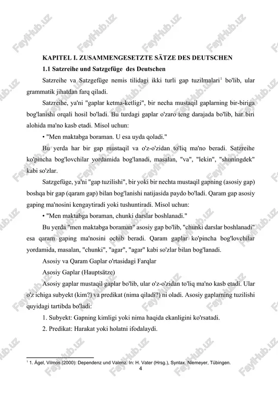gaplar ko'pincha bog'lovchilar yordamida, masalan, "chunki", "agar", "agar" kabi so'zlar bilan bog'lanadi. asosiy va qaram gaplar o'rtasidagi farqlar asosiy gaplar (hauptsätze) asosiy gaplar mustaqil gaplar bo'lib, ular o'z-o'zidan to'liq ma'no kasb etadi. ular o'z ichiga subyekt (kim?) va predikat (nima qiladi?) ni oladi. asosiy gaplarning tuzilishi quyidagi tartibda bo'ladi: 1. subyekt: gapning kimligi yoki nima haqida ekanligini ko'rsatadi. 2. predikat: harakat yoki holatni ifodalaydi. 3. obyekt: harakat kimga yoki nima qilinayotganini ko'rsatadi (agar kerak bo'lsa). masalan: • "men (subyekt) kitob o'qiyapman (predikat)." bu yerda "men" subyekt, "kitob" esa obyekt. qaram gaplar (nebensätze) qaram gaplar esa asosiy gapga bog'langan va o'z-o'zidan to'liq ma'no bermaydigan gaplardir. ular asosan biror sabab, shart yoki qo'shimcha ma'lumot berish uchun ishlatiladi. qaram gapning tuzilishi quyidagicha: 1. bog'lovchi: gapni asosiy gap bilan bog'laydi (masalan, "chunki", "agar"). 2. subyekt: qaram gaping kimligi yoki nima haqida ekanligini ko'rsatadi. 3. predikat: harakat yoki holatni ifodalaydi. masalan: • "men maktabga boraman …