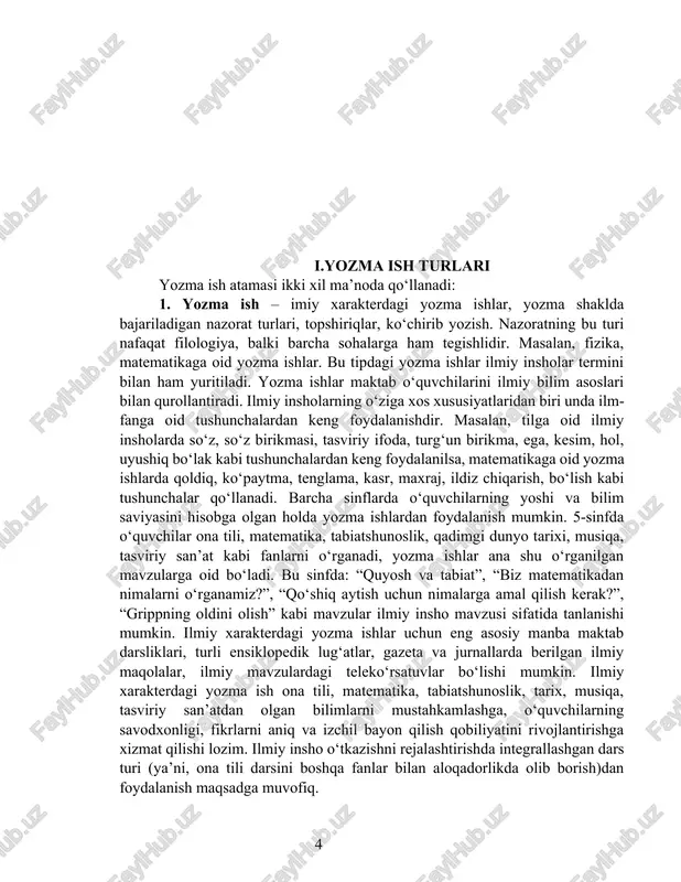 iktant) matnlar. ilmiy xarakterdagi ishlar uchun yozma ish, ijodiy ishlar uchun insho termini xoslangan. yozma tarzda bajariladigan intervyu, reportaj, maqola, xabar, annotatsiya, konspekt, rasmiy ish qog‘ozlari, taqriz kabilar maqsadi, ta’lim jarayoni baholash tizimida foydalanilmasligi hamda topshiriq sifatida berilmasligi bilan yozma ish turlaridan farqlanib turadi. kishilarning o‘z fikrlarini bayon qilish, o‘zaro fikr almashish, hissiyotlarini, ma’lumotlarni ifodalash jarayoni nutqdir. nutq og‘zaki va yozma shakllarda ifoda etiladi. nutq ichki va tashqi ko‘rinishlarga ega. ichki nutq inson tafakkuridagi jarayon bo‘lib, miyyadagi nutq mexanizmi faoliyatining dastlabki mahsulidir. ichki nutq fikr-o‘y bilan ko‘p hollarda qorishiq holda shakllanadi. ichki nutq og‘zaki va yozma nutqning asosi sifatida xizmat qiladi. shuning uchun til va adabiyot ta’limi jarayonida ichki nutqni rivojlantirishga alohida e’tibor berish lozim. diqqatni jamlash, fikr yuritish lozim bo‘lgan obyektni belgilash, bayon qilinadigan asosiy fikrning mohiyatini shakllantirish ichki nutqni rivojlantirishda muhim omildir. ona tili mashg‘ulotlarida bajariladigan mustaqil ishlar mazmuni ichki nutq holatida boshlanib, tashqi nutq shaklida namoyon bo‘ladi. …