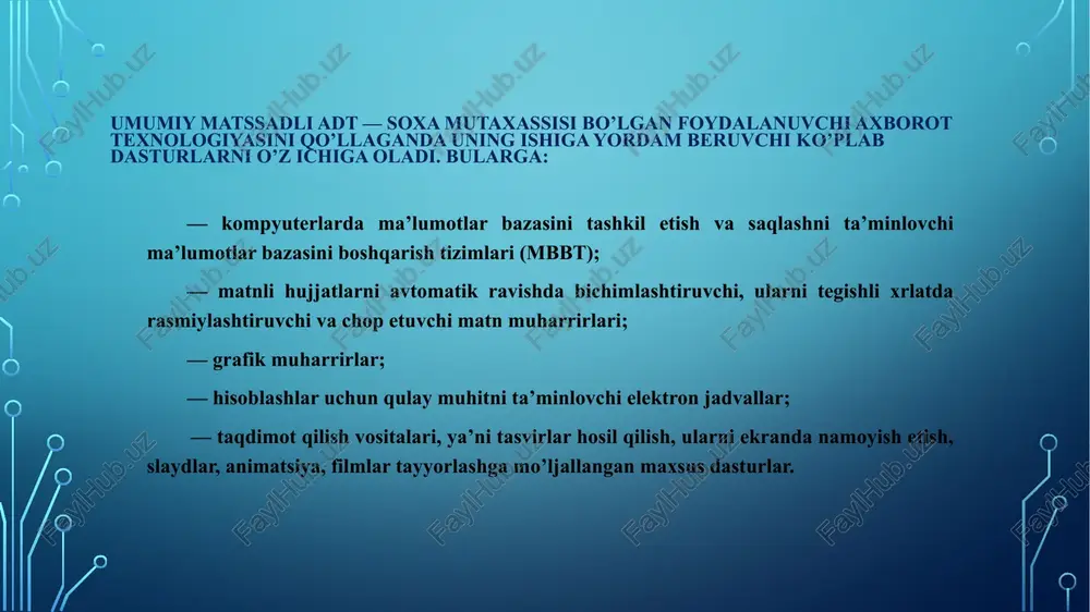 nksiyalarini markazlashtirish, korxonaning hujjatlar aylanmasini dispetcherlashtirish, monitoring qilish, ma’muriy xo’jalik faoliyatini optimallashtirish hamda tezkor axborotlarni yetkazib berish kiradi. hisobchilik (bug’alterlik) tizimlari bu o’zida matn va jadval muharrirlarini, elektron jadval bazalarini boshqarish tizimlarining vazifalarini birlashtirgan ixtisoslashgan tizimdir. u korxonaning birlamchi (boshlang’ich) bug’alteriya hujjatlarini tayyorlash va ularni hisobga olishni avtomatlashtirish, shuningdek, ishlab chiqarish, xo’jalik, moliyaviy faoliyat yakunlari bo’yicha soliq idoralari byudjetidan tashqari jamg’armalar va statistika hisobi idoralariga taqdim etish uchun belgilangan shakllardagi muntazam hisobotlarni avtomatik tarzda tayyorlash uchun mo’ljallangan. ofis dasturlarining yangi versiyalari microsoft officeda yangi ofis paketi yaratildi. u avvalgidan ancha qulay, to’liq qayta tuzilgan interfeys mavjud. odatiy anjomlar paneli mavzu bo’yicha buyruqlar to’plamiga o’zgartirilgan, ular foydalanuvchining u yoki bu xarakatlariga javoban ekranda paydo bo’ladi. microsoft office 2019 (kod nomi - office 17) - microsoft office suitening keyingi versiyasidir. ushbu microsoft office yangilanishi 2018 yil 24-sentyabrda windows 10 va macos uchun taqdim etildi. microsoft office 2019 paketi ishlashi uchun tezkor xotira …