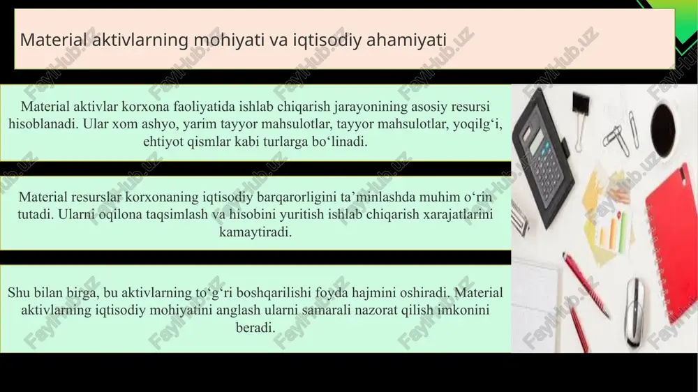 materiallar harakati va ularning sarfini tahlil qilish korxonaning ishlab chiqarish samaradorligini baholashda muhim ahamiyatga ega. ushbu tahlil yordamida xom ashyo va resurslardan foydalanish darajasi aniqlanadi. asosiy ko‘rsatkichlarga material sig‘imi, sarf me’yori, ombor qoldiqlari aylanish tezligi kiradi. materiallarning o‘z vaqtida yetkazilishi ishlab chiqarish jarayonining uzluksizligini ta’minlaydi. tahlil jarayonida me’yoriy sarf bilan amaldagi sarf o‘rtasidagi tafovutlar aniqlanadi. ushbu farqlar iqtisodiy yo‘qotishlarning sabablarini topishga yordam beradi. hisobot davrida tahlil natijalari boshqaruv qarorlarini ishlab chiqish uchun asos bo‘lib xizmat qiladi. natijada materiallardan foydalanish samaradorligi oshiriladi va resurslar tejaladi. 1 materiallar harakati jarayonida ombor va buxgalteriya hisobi o‘rtasidagi muvofiqlikni saqlash eng muhim masalalardan biridir. buning uchun har oy yakunida ombor kartochkalari bilan buxgalteriya registrlari solishtiriladi. 2 agar tafovut aniqlansa, sabablar o‘rganilib, dalolatnoma tuziladi. muvofiqlikni ta’minlash ichki nazorat tizimini kuchaytiradi. har bir material turi bo‘yicha qoldiq va aylanish ma’lumotlari muntazam tekshiriladi. 3 elektron ombor tizimlari va avtomatlashtirilgan buxgalteriya dasturlari bu jarayonni yengillashtiradi. ma’lumotlar bazasining to‘g‘ri yuritilishi …
