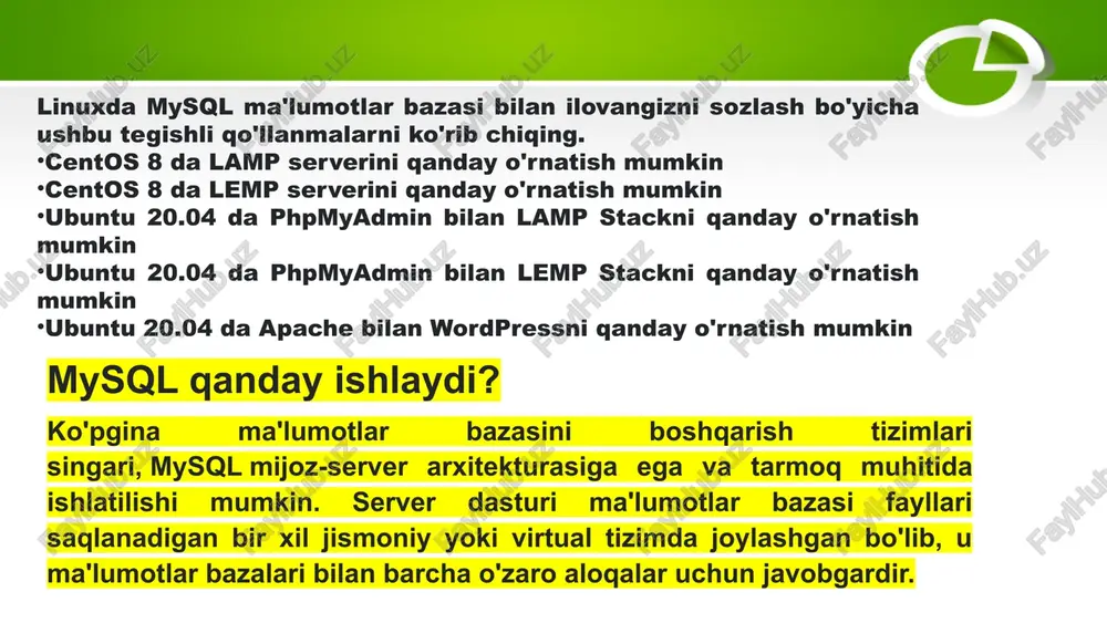 chiq manbali (open-source) rdbms bo‘lib, katta hajmdagi ma’lumotlar ustida tezkor va ishonchli ishlash uchun yaratilgan.2008-yilda sun microsystems tomonidan sotib olindi, keyin esa 2010-yilda oracle kompaniyasiga o‘tdi. access va mysql o‘zaro bog‘lanishi tarixi dastlab, microsoft access faqat o‘zining .mdb formatidagi lokal fayl bazalari bilan ishlagan. ammo 1990-yillarning oxiri va 2000-yillarning boshlarida ma’lumotlar bazasi tizimlarini tarmoqli (client-server) modelga o‘tkazish zaruriyati tug‘ila boshladi. bu jarayonda odbc (open database connectivity) texnologiyasi orqali access va mysql o‘rtasidagi bog‘lanish imkoniyati paydo bo‘ldi. odbc yordamida mysql’ni access’da ulash bosqichlari tarixiy kontekstdan 1990-yillarning oxiri: mysql uchun odbc drayverlari ishlab chiqila boshladi. bu orqali access foydalanuvchilari o‘z bazalarini mysql serveriga bog‘lay oladigan bo‘lishdi. 2000-yillar: "mysql odbc connector" (avval "myodbc") keng tarqaldi. bu drayver windows tizimiga o‘rnatilib, access’dan mysql bazasiga to‘g‘ridan-to‘g‘ri so‘rovlar (queries) yuborish imkonini berdi. hozirgi davrda: access’dan mysql bazasini bog‘lash keng tarqalgan. ayniqsa, access’ni gui (grafik interfeys) sifatida, mysql’ni esa asosiy server sifatida ishlatish uslubi ko‘p qo‘llaniladi. image3.png …