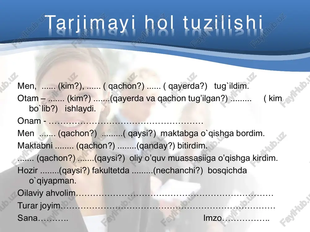 asi. 10.05.2014 (imzo) quyidagi tushuntirish xatining to‘g‘ri yoki noto‘g‘ri yozilganini aniqlang. tushuntirish xati men, ernazarov 4 may 2010 y. darslarga qatnashmadim. sababi kasal edim. shifokordan olingan hujjatni ilova qilishim mumkin tushuntirish xati qattiq kasal bo‘ldim. shuning uchun men imtihonlarni topshira olmadim. bu o’zbek tili va tarix. sh. rahmatov 2015.14.02 ishonchnoma • ishonchnoma muassasa va shaxslarning o’z nomidan ish ko’rish uchun ikkinchi bir shaxsga vakolat beradigan yozma hujjat. ishonchnoma 2 xil bo’ladi: rasmiy ishonchnoma va shaxsiy ishonchnoma. rasmiy ishonchnoma biron-bir idora, muassasa nomidan belgilangan qoidalar asosida yoziladi. shaxsiy ishonchnoma esa ayrim shaxslar nomidan erkin yoziladi. namuna ishonchnoma men, o’zdjtu rus filologiyasi fakultetining i bosqich talabasi g’aniyeva dilfuza noyabr oyi uchun stipen- diyamni olishga ukam g’aniyev shohruhga ishonch bildiraman. (pasport ma’lumotlari: ………………………………………) 2014.11.18 (imzo) (g’aniyeva d.) quyidagi so‘z birikmalarini eslab qoling. olish uchun ishonch bildiraman – doveryayu poluchit, boshqarishga ishonch bildiraman – doveryayu upravlyat, o‘quv- uslubiy adabiyoti – uchebno-metodicheskaya literatura, jo’natma- posilka, …