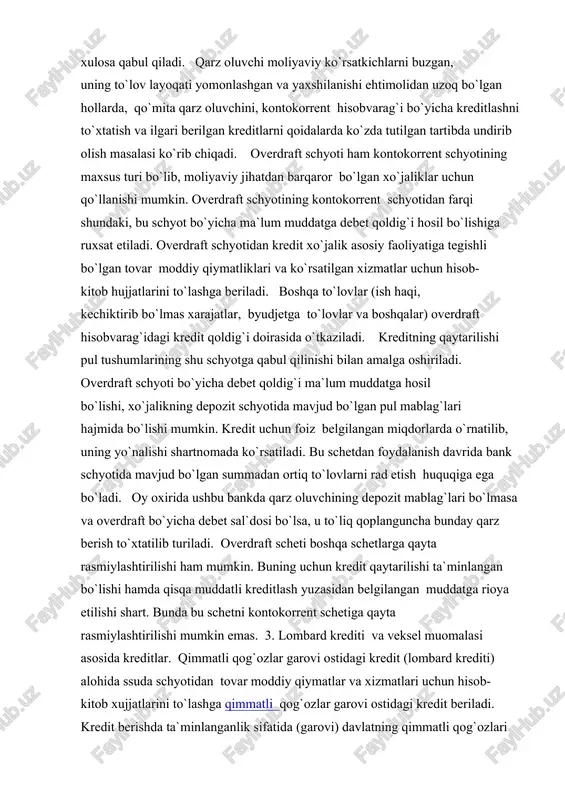 jobiy, hamda kredit qoldiq debet qoldiqdan ko`proq bo`lgan bo`lsa, kredit bo`limi xodimi mijoz kontokorent schyotidan yana foydalanishi mumkinligi to`g`risida xulosa qabul qiladi. qarz oluvchi moliyaviy ko`rsatkichlarni buzgan, uning to`lov layoqati yomonlashgan va yaxshilanishi ehtimolidan uzoq bo`lgan hollarda, qo`mita qarz oluvchini, kontokorrent hisobvarag`i bo`yicha kreditlashni to`xtatish va ilgari berilgan kreditlarni qoidalarda ko`zda tutilgan tartibda undirib olish masalasi ko`rib chiqadi. overdraft schyoti ham kontokorrent schyotining maxsus turi bo`lib, moliyaviy jihatdan barqaror bo`lgan xo`jaliklar uchun qo`llanishi mumkin. overdraft schyotining kontokorrent schyotidan farqi shundaki, bu schyot bo`yicha ma`lum muddatga debet qoldig`i hosil bo`lishiga ruxsat etiladi. overdraft schyotidan kredit xo`jalik asosiy faoliyatiga tegishli bo`lgan tovar moddiy qiymatliklari va ko`rsatilgan xizmatlar uchun hisob-kitob hujjatlarini to`lashga beriladi. boshqa to`lovlar (ish haqi, kechiktirib bo`lmas xarajatlar, byudjetga to`lovlar va boshqalar) overdraft hisobvarag`idagi kredit qoldig`i doirasida o`tkaziladi. kreditning qaytarilishi pul tushumlarining shu schyotga qabul qilinishi bilan amalga oshiriladi. overdraft schyoti bo`yicha debet qoldig`i ma`lum muddatga hosil bo`lishi, xo`jalikning depozit schyotida …