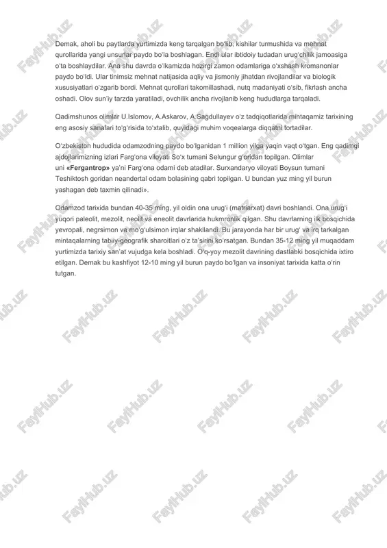 o‘lgan,xususan nil, frot, dajla, so‘ng hind, keyin yanszi vohalari tilga olinadi. qadimshunos olimlar a.amalrik va a.mongayt fikricha, misr inson hayotining ta’minlagan va madaniyatni vujudga keltirgan yurt, eng qadimgi ziroatchilik vatanidir. dehqonchilikni paydo bo‘lishi kishilarga boshqa yumushlarni amalga oshirish imkonini yaratdi va asta sekin hunarmandchilik rivojlana boshladi. markaziy osiyoning qulay geografik sharoiti ibtidoiy davrning dastlabki bosqichlaridanoq kishilar diqqat e’tiborini o‘ziga tortib kelgan. hozirgi o‘zbekistonning zarafshon, surxondaryo, qashqadaryo bo‘ylaridan, farg‘ona vodiysi va uning tog‘ yon bag‘irlari hududlaridan, ohangaron va chirchiq daryolari atrofidan shuningdek janubiy qozog‘istonning, qirg‘iziston va janubiy turkmanistonning tog‘ va tog‘ oldi tumanlaridan ibtidoiy jamoa tuzumining barcha davrlariga oid yodgorliklari topilgan. o‘rta tosh davriga mansub ibtidoiy kishilar manzilgohlari markaziy osiyoning ko‘p joylarida uchraydi. demak, aholi bu paytlarda yurtimizda keng tarqalgan bo‘lib, kishilar turmushida va mehnat qurollarida yangi unsurlar paydo bo‘la boshlagan. endi ular ibtidoiy tudadan urug‘chilik jamoasiga o‘ta boshlaydilar. ana shu davrda o‘lkamizda hozirgi zamon odamlariga o‘xshash kromanonlar paydo bo‘ldi. ular …