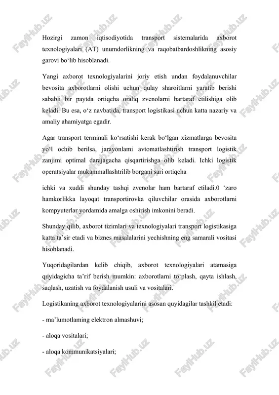 rning ham keragi yo‘q, demak, yuqori malakali mutaxassis, unga haq tomashning ham xojati yo‘q. eng asosiysi, bu tizim nafaqat 0 ‘zbekiston hududida, balki undan tashqarida ham faoliyat ko‘rsatishi mumkin. bu variantda axborot vaqti-vaqti bilan tahlil etiladi. buning uchun avtomobilga o‘matilgan gps qabul qilishdagi axborot o‘tilgan yo‘l marshrutini ko‘rib, tahlil etish uchun kompyuterga yoziladi. natijada avtomobil marshrutining xohlagan nuqtasidagi sana va vaqt, yo‘nalish va tezlik, bakdagi yonilig‘i sathi, olib qochilganligi va hokazo ma’lumotlar olinadi. ikkinchi variantda yuqoridagi m a’lumotlarning hammasini real vaqt uchun olinadi, ya’ni o‘tkinchi parametrlar ko‘rib turiladi. dispetcher o ‘zining kompyuter monitorida avtomobilning real harakati vaqtidagi tezligi, yo‘li, yonilig‘i sarfi va h.k. lami ko‘rib turadi, zarur bo‘lsa, haydovchiga tegishli buyruqlarni yuboradi. lekin jihozlarning qimmatga tushishi, ulanish kanallarining xizmatini qoplash zarurligi, asosiysi, uyali aloqa gps bog‘lanishining res- publika va undan tashqarida moliyaviy noqulayligi uning mavqyeini pasaytiradi. aytish joizki, ikkala tizimning texnik vazifasi bir xil, deyish mumkin. avtomobilning marshrutdagi harakatlanayotgan joyi …