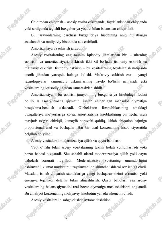 jud: to‘g‘ri chiziqli, kamayib boruvchi qoldiq, ishlab chiqarish hajmiga proporsional usul va boshqalar. har bir usul korxonaning hisob siyosatida belgilab qo‘yiladi. asosiy vositalarni modernizatsiya qilish va qayta baholash vaqt o‘tishi bilan asosiy vositalarning texnik holati yomonlashadi yoki bozor bahosi o‘zgaradi. shu sababli ularni modernizatsiya qilish yoki qayta baholash zarurati tug‘iladi. modernizatsiya vositaning unumdorligini oshiruvchi, xizmat muddatini uzaytiruvchi qo‘shimcha ishlarni o‘z ichiga oladi. masalan, ishlab chiqarish stanoklariga yangi boshqaruv tizimi o‘rnatish yoki energiya tejamkor detallar bilan almashtirish. qayta baholash esa asosiy vositalarning balans qiymatini real bozor qiymatiga moslashtirishni anglatadi. bu amaliyot korxonaning moliyaviy hisobotini yanada ishonchli qiladi. asosiy vositalarni hisobga olishda avtomatlashtirish zamonaviy buxgalteriya tizimlarida asosiy vositalar hisobi maxsus dasturlar orqali yuritiladi. masalan, “1c: buxgalteriya”, “sap”, “oracle financials” kabi axborot tizimlari asosiy vositalarning har bir birligini elektron tarzda ro‘yxatdan o‘tkazish, amortizatsiyani avtomatik hisoblash va hisobotlarni shakllantirish imkonini beradi. bu esa inson xatolarini kamaytiradi, vaqtni tejaydi va ma’lumotlarning aniqligini ta’minlaydi. raqamli texnologiyalar …