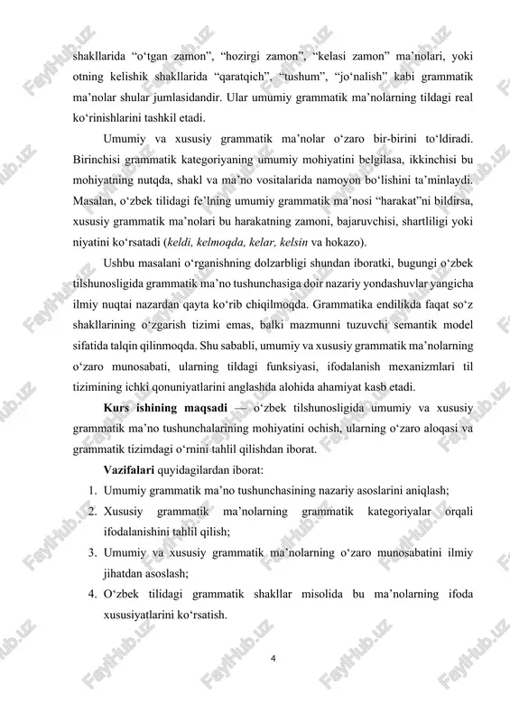 krning grammatik jihatdan to‘g‘ri tashkil etilishini ta’minlaydi. grammatika tizimining eng asosiy tushunchalaridan biri — bu grammatik ma’nodir. u so‘zning yoki grammatik shaklning umumlashtirilgan, abstrakt ma’nosini bildiradi. grammatika orqali so‘zlar faqat ma’noli birlik sifatida emas, balki o‘zaro grammatik munosabatlarga kirishuvchi elementlar sifatida ham faoliyat yuritadi. umumiy grammatik ma’no — bu bir turdagi so‘z shakllariga xos bo‘lgan, keng qamrovli grammatik xususiyat bo‘lib, u grammatik kategoriyaning eng umumiy, barqaror mazmunini ifodalaydi. masalan, o‘zbek tilida ot turkumining umumiy grammatik ma’nosi — “narsa, shaxs yoki hodisani nomlash”, fe’l turkumining umumiy grammatik ma’nosi esa — “harakat yoki holatni ifodalash”dir. shu tarzda, umumiy grammatik ma’no har bir so‘z turkumining semantik yadrosini tashkil etadi. bu ma’no tilning morfologik tizimini shakllantirishda tayanch vazifasini bajaradi. tilshunoslikda umumiy grammatik ma’no tushunchasiga turli yondashuvlar mavjud. masalan, a. g‘ulomov grammatik ma’noni “so‘zning grammatik tabiatini ko‘rsatuvchi umumlashtirilgan semantik mazmun” deb ta’riflaydi. sh. rahmatullayev esa “grammatik ma’no — bu grammatik shakl orqali ifodalangan, lekin leksik …