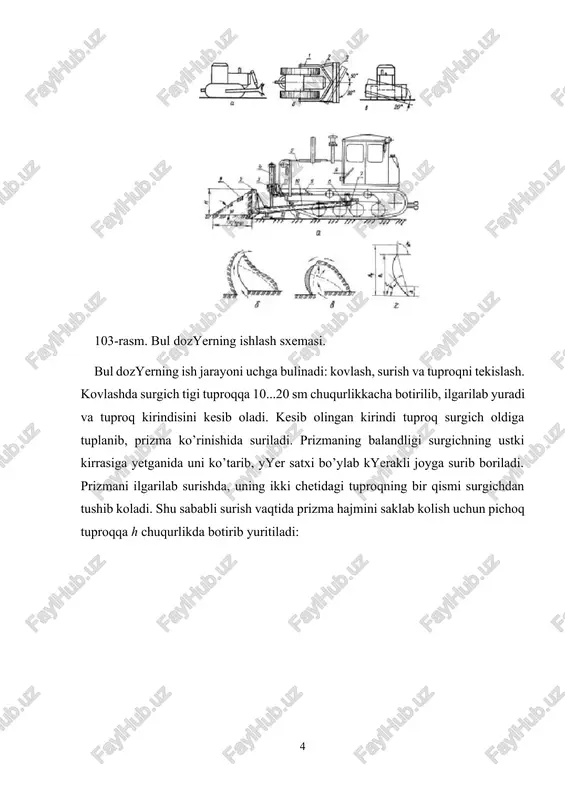 erlarda kichikrok o’rnatiladi). tukiluvchan tuproq chumich hajmining 60...80% ni tuldirsa, yopishkok tuproq uyumlanishi xisobiga 130% gacha tuldiradi. skrepyer ishini shartli ravishda 4 qismga ajratish mumkin: chumichni tuldirish, tuproqni manzilga yetkazish, tukish va iziga kaytish. skrepyerning ishiga bo’ladigan maksimal qarshilik uning chumichi tula boshlaganida sodir bo’ladi, chunki kirib olinayotgan tuproq palaxsasi chumich ichidagi tuproqni sikib yuqoriga chiqarishi kyerak. shu sababli skrepyer chumichi tulayotganida, kupincha, uning orqasidan traktor itaradi. avvaliga qalinrok palaxsa kesilsa, sungra qarshilikni kamaytirish maksadida, yupkarok kesilib, motorning zurikib uchib kolmasligiga yerishiladi. kesilib olinayotgan palaxsa kanchalik qalin bo’lsa, shunchalik chumich osonrok tuladi. kovlashni boshlashda palaxsaning joiz bo’lgan maksimal qalinligi: bu yyerda, rt — traktorning maksimal tortish kuchi, n; rsk —skrepyerni yuksiz hol da sudrashga qarshilik kuchi, n; kk — kovlanayotgan tuproqning solishtirma qarshiligi, n/m 2; vs — skrepyer pichoqining kamrov kengligi, m. greydyer yyer yuzasini tekislash maksadida ishlatiladi. uning oldingi va orqa g’ildiraklari oraligi (bazasi) katta bo’lib, ularning urtasiga o’rnatilgan …