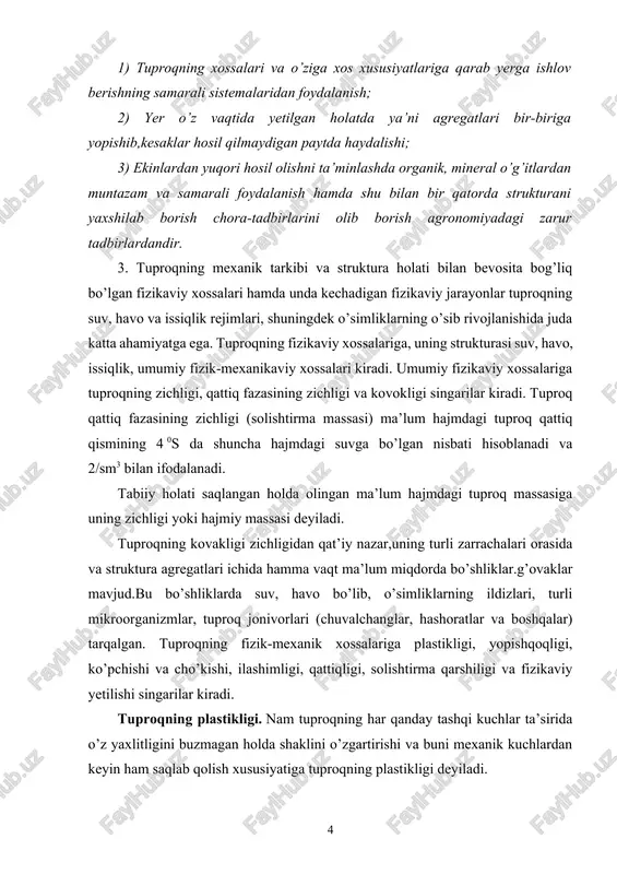 , qattiqligi, solishtirma qarshiligi va fizikaviy yetilishi singarilar kiradi. tuproqning plastikligi. nam tuproqning har qanday tashqi kuchlar ta’sirida o’z yaxlitligini buzmagan holda shaklini o’zgartirishi va buni mexanik kuchlardan keyin ham saqlab qolish xususiyatiga tuproqning plastikligi deyiladi. tuproqning yopishqoqligi.nam tuproqning boshqa qattiq jismlarga yopishish xossasidir. jumladan, tuproqning ish qurollariga va mashinalarning harakat qismlariga yopishuvi natijasida mexanizmlarning tortish qarshiligi oshadi va yerga ishlov byerish sifati pasayadi. tuproqning bo’kishi va cho’kishi.nam tuproqlarning o‘z hajmini kattalashtirish qobiliyatiga bo’qish(ko’pchish) quriganda esa uz hajmini kichraytirishiga uning cho‘kish xossasi deyiladi. dastlabki hajmiga nisbatan foiz bilan ifodalanadi. tuproqning ilashimligi.tuproq zarrachalarini ajratib yuborishga ta’sir etadigan tashqi kuchlarga qarshi tura olish qobiliyati ilashimlik deyiladi. tuproqning qattiqligi, tabiiy holatdagi tuproqlarning turli bosimdagi kuch ta’sirida siqilishi va bo’linib ketishiga qarshi tura olish qobiliyati hisoblanadi. tuproqning solishtirma qarshiligi.tuproqqa ishlov byerish uchun sarflanadigan kuchlarning umumiy ko’rsatkichidir. solishtirma qarshilik deb, tuproq qatlamini qirqish, ag’darish uchun hamda qurollar yuzasiga tushadigan qarshilikni engish uchun sarf bo’lgan kuch …