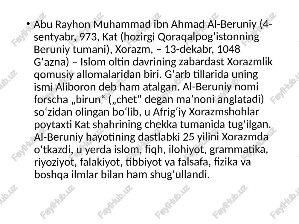 olib ketadi, yoʻlda sharqiy pokistonning moʻlton shahrida vaqtincha istiqomat qilishga toʻgʻri keladi. u oʻzga yurtda boʻlishiga qaramay, fursatdan foydalangan holda moʻltondan 400 kilometr gʻarbdagi nandna qoʻrgʻonida yer kurrasi oʻlchamini aniqlashga kirishadi, avval shu joyning geografik kengligini oʻlchab 320001 ga teng ekanligini aniqlaydi. soʻngra ufqning pasayish burchagini oʻlchaydi. bu haqda olimning oʻzi quyidagicha yozadi: „hindiston yeridagi nandna qoʻrgʻonida istiqomat qilishimga toʻgʻri keldi. qoʻrgʻonning gʻarb tomonida baland togʻ, janubiy tomonida esa keng sahroni koʻrdim va shu on (ufq pasayishini oʻlchash usulini) sinab koʻrishga kirishdim. togʻ tepasidan turib yerning lojuvard rangdagi osmon bilan tutashganini yaqqol koʻrdim. qarash chizigʻi vertikalga perpendikulyar boʻlgan chiziqdan 00 341 pasaydi. perpendikulyar boʻlgan togʻ balandligini oʻlchadim, u shu yerda qoʻllanadigan oʻlchovda 652,055 choʻzim (gaz)ga teng keldi“. beruniy oʻlchab topgan qiymatlar boʻyicha oʻziga xos usul bilan yer kurrasi radiusining uzunligi 12803337,036 gazga teng ekanligini hisoblab chiqardi. agar bir gaz 0,4933 metr ekanligini eʼtiborga olsak, yer kurrasi radiusi uzunligi, beruniy hisobicha, …