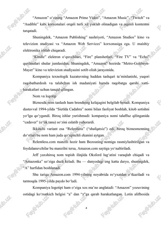 tonliklar uchun ham o‘z tovarlarini kompaniya orqali sotish imkoni paydo bo‘ldi. kompaniyada bugungi kunda 300 mingdan ziyod xodim faoliyat yuritadi. u 100dan ortiq mamlakat va mintaqalardagi mijozlarga buyurtmalarni jo‘natadi. global miqyosda 310 mlndan ortiq faol foydalanuvchiga ega. mijozlar “amazon” xaridlarining 28%ni 3 daqiqada yoki undan kamroq vaqt ichida, 50% xaridlarni 15 daqiqadan kamroq vaqt ichida yakunlaydi. jeff 2000-yilda “blue origin” kosmik sayyohlik kompaniyasiga ham asos solgandi. u ana shu kompaniyasining kosmik kemasida, 2021-yil 20-iyul kuni yerdan 100 km uzoqlikka, ya’ni kosmosga borib keldi. “amazon” “interbrand” konsalting kompaniyasi tomonidan taqdim etilgan 2023-yildagi dunyoning eng qimmat brendlarining yillik reytingini top-3talikka kirdi. brend qiymati 1% o‘sish bilan $276,9 mlrdni tashkil etgan. amazon va sun’iy intellekt 2023-yilning noyabrida “amazon” sun’iy intellekt sohasida ko‘nikmalarga ega bo‘lish imkonini beruvchi bepul “ai ready” o‘quv dasturini ishga tushirdi. kompaniya mazkur dastur orqali 2025-yilgacha kamida 2 mln kishini o‘qitishni rejalashtirmoqda. darslar yangi boshlayotganlar uchun ham, ushbu sohada allaqachon tajribaga …