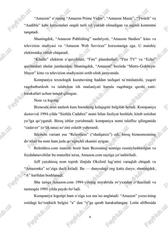 dan o‘zbekistonliklar uchun ham o‘z tovarlarini kompaniya orqali sotish imkoni paydo bo‘ldi. kompaniyada bugungi kunda 300 mingdan ziyod xodim faoliyat yuritadi. u 100dan ortiq mamlakat va mintaqalardagi mijozlarga buyurtmalarni jo‘natadi. global miqyosda 310 mlndan ortiq faol foydalanuvchiga ega. mijozlar “amazon” xaridlarining 28%ni 3 daqiqada yoki undan kamroq vaqt ichida, 50% xaridlarni 15 daqiqadan kamroq vaqt ichida yakunlaydi. jeff 2000-yilda “blue origin” kosmik sayyohlik kompaniyasiga ham asos solgandi. u ana shu kompaniyasining kosmik kemasida, 2021-yil 20-iyul kuni yerdan 100 km uzoqlikka, ya’ni kosmosga borib keldi. “amazon” “interbrand” konsalting kompaniyasi tomonidan taqdim etilgan 2023-yildagi dunyoning eng qimmat brendlarining yillik reytingini top-3talikka kirdi. brend qiymati 1% o‘sish bilan $276,9 mlrdni tashkil etgan. amazon va sun’iy intellekt 2023-yilning noyabrida “amazon” sun’iy intellekt sohasida ko‘nikmalarga ega bo‘lish imkonini beruvchi bepul “ai ready” o‘quv dasturini ishga tushirdi. 6 kompaniya mazkur dastur orqali 2025-yilgacha kamida 2 mln kishini o‘qitishni rejalashtirmoqda. darslar yangi boshlayotganlar uchun ham, ushbu sohada …