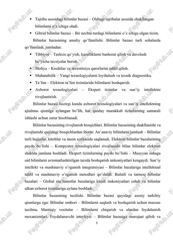sa chiqarish (masalan, agar barcha metallarning elektr o’tkazuvchanligi mavjud bo’lsa, mis ham elektr o’tkazuvchidir). induktiv usul – kuzatilgan ma’lumotlarga asoslanib umumiy qoidalarni shakllantirish. analogik usul – o’xshash holatlarga asoslangan holda yangi bilimlarni ishlab chiqish. evristik usul – tajriba va tajribali mutaxassislarning bilimlariga asoslangan xulosalar chiqarish. bilimlar bazasining zamonaviy texnologiyalar bilan integratsiyasi. bugungi kunda bilimlar bazasi quyidagi zamonaviy texnologiyalar bilan chambarchas bog’liq: sun’iy intellekt – bilimlarni avtomatik tahlil qilish va ulardan foydalanish jarayonlarini rivojlantirish. mashinaviy o’rganish – bilimlarni avtomatik o’zlashtirish va yangi bilimlarni ishlab chiqish. bulut texnologiyalari – bilimlarni global miqyosda saqlash va ulardan foydalanish imkoniyatlarini kengaytirish. buyuk ma’lumotlar (big data) tahlili – ulkan hajmdagi bilimlarni qayta ishlash va ularni samarali boshqarish. blokcheyn texnologiyalari – bilimlarning haqiqiyligini va xavfsizligini ta’minlash. bilimlar bazasining istiqbollari. kelajakda bilimlar bazasi quyidagi yo’nalishlar bo’yicha rivojlanishi kutilmoqda: avtomatik bilim olish tizimlari – bilimlarni inson ishtirokisiz o’rganish va tizimlashtirish. interaktiv bilimlar bazalari – foydalanuvchilar bilan tabiiy tilda muloqot …