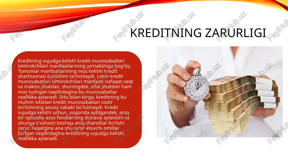 editlar; - arzon kreditlar; - qimmat kreditlar. kreditning shakllari 1. mijozni alohida ssuda hisobraqamidan bir marotabali kreditlash shakli. ushbu shakl o'zbekiston respublikasi tijorat banklari faoliyatida keng qo'llaniladigan kreditlash shakli hisoblanadi. kreditlashning ushbu shaklida mijozga kredit berish to'g'risidagi qaror qabul qilingandan keyin ssuda hisobraqami ochiladi va kredit bir marotabalik to'lov shaklida mol etkazib beruvchi yoki xizmat ko'rsatuvchiga tashlab beriladi. kreditning maqsadlilik prinsipi mavjud bo'lganligi sababli, kredit summasini kredit oluvchining joriy hisobraqamiga tashlab berishga ruxsat etilmaydi. mijozni alohida ssuda hisobraqamidan bir marotabali kreditlash shaklining asosiy kamchiliklari quyidagilardan iborat: - kreditdan foydalanish samaradorligi ta'minlanmasligi mumkin, ya'ni mol etkazib beruvchi tomonidan tovar o'z vaqtida etkazilmay qolishi mumkin, mijoz esa, kredit uchun foiz to'layveradi; - berilgan kreditdan foydalanilishi ustidan nazorat qilishning iloji yo'q. chunkit. kredit summasi to'liq mol etkazib beruvchining joriy hisobraqamiga tashlab berildi. 2. mijozni kredit liniyasi ochish yo'li bilan kreditlash shakli. kreditlashning ushbu shaklida mijozga kreditlash limiti ajratiladi va ushbu limitdan foydalanish davri …