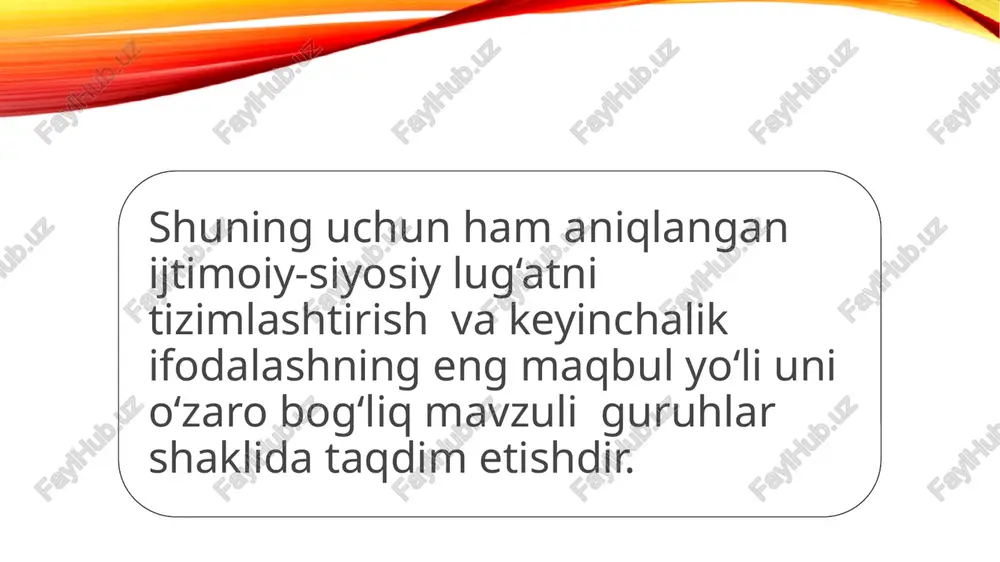 e strukturi v sisteme yazika/nauch. red. z.d.popova.-voronej, 1989.- 158 4. filin, f.p. o leksiko-semanticheskix gruppax [tekst] / f.p. filin // yezikovedcheski izsledovaniya v chest na akademik stefan mladenov. - sofiya: slovo, 1957. - s. 523-538. 5. ufimseva, a.a. opit izucheniya leksiki kak sistemi [tekst] / a.a. ufimseva. - m.: an sssr, 1962. - 288 s. 6. vasilev, l.m. teoriya semanticheskix poley [tekst] / l.m. vasilev // voprosi yazikoznaniya. - 1971. - № 5. - s. 105-113. 7. shukurova, m. a., ergasheva, s. b., & bekmatov, b. d. (2021). jahon tillari tizimida rus tili. academic research in educational sciences, 2(1), 1041-1046. image2.png image1.png /docprops/thumbnail.jpeg