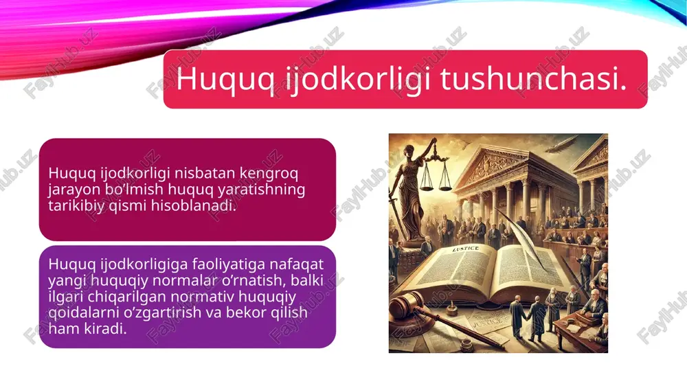 hasini yoki yangi qonun qabul qilish to‘g‘risida, shuningdek qonunni o‘zgartirish yoxud uni bekor qilish to‘g‘risidagi taklifning oliy majlis e’tiboriga taqdim etilishi va parlament tomonidan bu masalani belgilangan tartibda ko‘rib chiqish haqida tegishli qaror qabul qilishdir. qonun ijodkorligi jarayonining asosiy bosqichlari. normativ-huquqiy hujjatlarning vaqt, hudud va shaxslarga nisbatan amal qilishi. amaldagi qonunchilikka binoan qonunchilik tashabbusi huquqiga o‘zbekiston respublikasi prezidenti, o‘z davlat hokimiyatining oliy vakillik organi orqali qoraqalpog‘iston respublikasi, o‘zbekiston respublikasi oliy majlisining qonunchilik palatasi deputatlari, o‘zbekiston respublikasi vazirlar mahkamasi, o‘zbekiston respublikasining konstitutsiyaviy sudi, oliy sudi, bosh prokurori egadirlar va bu huquq qonunchilik tashabbusi huquqi subyektlari tomonidan qonun loyihasini o‘zbekiston respublikasi oliy majlisining qonunchilik palatasiga kiritish orqali amalga oshiriladi (konstitutsiyaning 83-moddasi). qonun ijodkorligi jarayonining asosiy bosqichlari. normativ-huquqiy hujjatlarning vaqt, hudud va shaxslarga nisbatan amal qilishi. qonun loyihasini qonunchilik palatasiga kiritishda quyidagilar taqdim etilishi kerak: 1) qonun loyihasiga uning konsepsiyasi bayon qilingan holdagi tushuntirish xati; 2) o‘zgartishlar va qo‘shimchalar kiritish to‘g‘risidagi, shuningdek qonun …