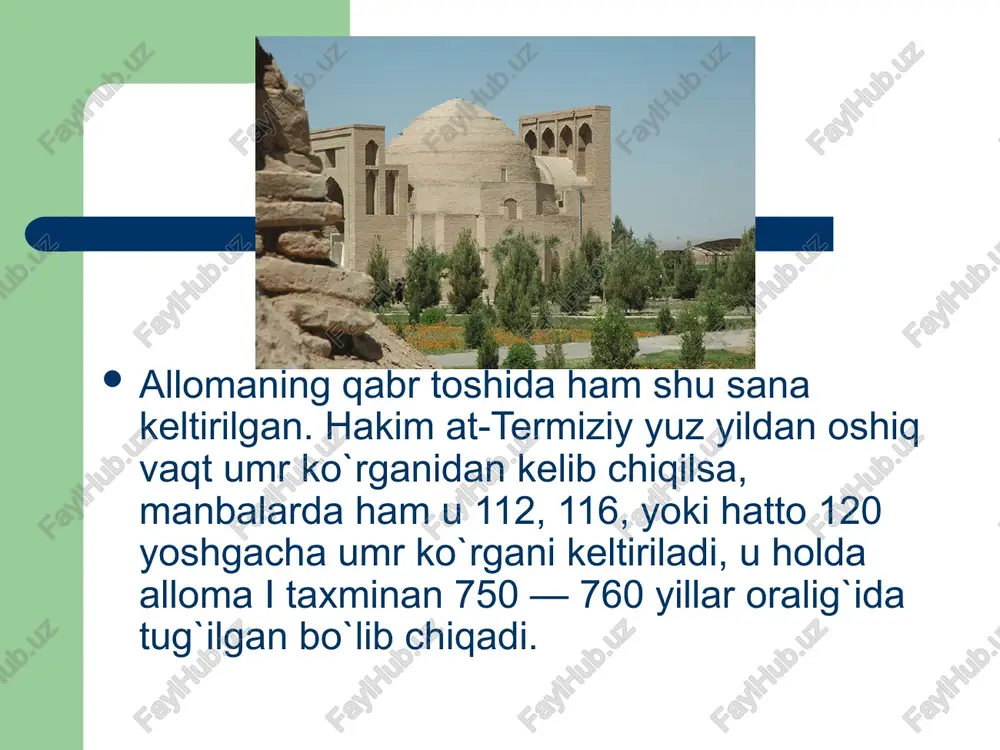 .kitob al-aql val-havo. 11.kitob al-amsol min al-kitob vas-sunna. 12.kitob al-manohiy. xakim at-termiziy qalamiga mansub asarlar soni to`g`risida yozma manbalarda turli raqamlarkeltirilgan. ba`zi mualliflar uning asarlari adadi to`rt yuzga boradi, deyishgan. biroq ko`pchilik mualliflar uning asarlari soni saksonga yaqin, deb hisoblashadi. abdulfattox abdulloh baraka yozishicha, hakim at-termiziyshshg to`rt yuz asaridan oltmishga yaqini yetib kelgan. eng muhimi, bizgacha allomaning ilmiy-ma`naviy merosining asosini tashkil qiluvchi asarlari yetib kelgan (2). ular orasidan, eng avvalo, 291 hadisni o`z ichiga oluvchi "navodir al-usul fi ma`rifat axbor ar-rasul" nomli asarini ko`rsatib o`tish zarur. bu asarda hakim at-termiziy dunyoqarashi muayyan darajada bayon etilgan. "navodir al-usul"ning bir qo`lyozma nusxasi toshkentda, o`zbekiston musulmonlari diniy idorasining kutubxona fondida saqlanadi. allomaning nashr etilgan boshqa asarlaridan "kitob xaqiqat al-odamiya", "adab an-nafs"ni sanab o`tish lozim. damashkda, az-zohiriyya kutubxonasida hakim at-termiziyning ikki asari va besh risolasi qo`lyozmalari (tasavvuf turkumi, 104-raqami ostida); misrdagi iskandariya shahrida uch risolasi (maktabat al-baladiyya, 3585-raqami ostida) saqlanmoqda. allomaning londonda saqlanayotgan asarlari …