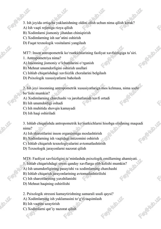 arajasini pasaytiradi c) mehnat intizomini buzadi d) xavfsizlik qoidalarining buzilishiga olib keladi mt9: o‘zbekiston respublikasida hayot faoliyat xavfsizligini ta’minlash sohasida qabul qilingan qonun va me’yoriy hujjatlar tizimi. 1. o‘zbekiston respublikasida hayot faoliyati xavfsizligini ta’minlash bilan bog‘liq asosiy hujjat qaysi? a) mehnat kodeksi b) o‘zbekiston respublikasining konstitutsiyasi c) "mehnatni muhofaza qilish to‘g‘risida" gi qonun d) fuqarolik kodeksi 2. xavfsizlik me’yoriy hujjatlarining maqsadi nima? a) ishlab chiqarish jarayonlarida xavfsizlikni ta’minlash b) ish haqini belgilash c) ish vaqtini chegaralash d) texnologik jarayonlarni tezlashtirish 3. o‘zbekistonda hayot faoliyati xavfsizligi sohasida qabul qilingan asosiy normativ hujjatlar kim tomonidan tasdiqlanadi? a) o‘zbekiston respublikasi prezidenti b) o‘zbekiston respublikasi vazirlar mahkamasi c) oliy majlis va tegishli vazirliklar d) xususiy korxonalar mt10: hayot faoliyati xavfsizligi fani bo‘yicha glossariy tuzish. 1. “risk” tushunchasi hayot faoliyati xavfsizligi fanida qanday ma’noni anglatadi? a) faqat baxtsiz hodisalar xavfi b) noqulay sharoitlarda ishlash c) salbiy oqibatlarga olib kelishi mumkin bo‘lgan xavf ehtimoli d) ish …