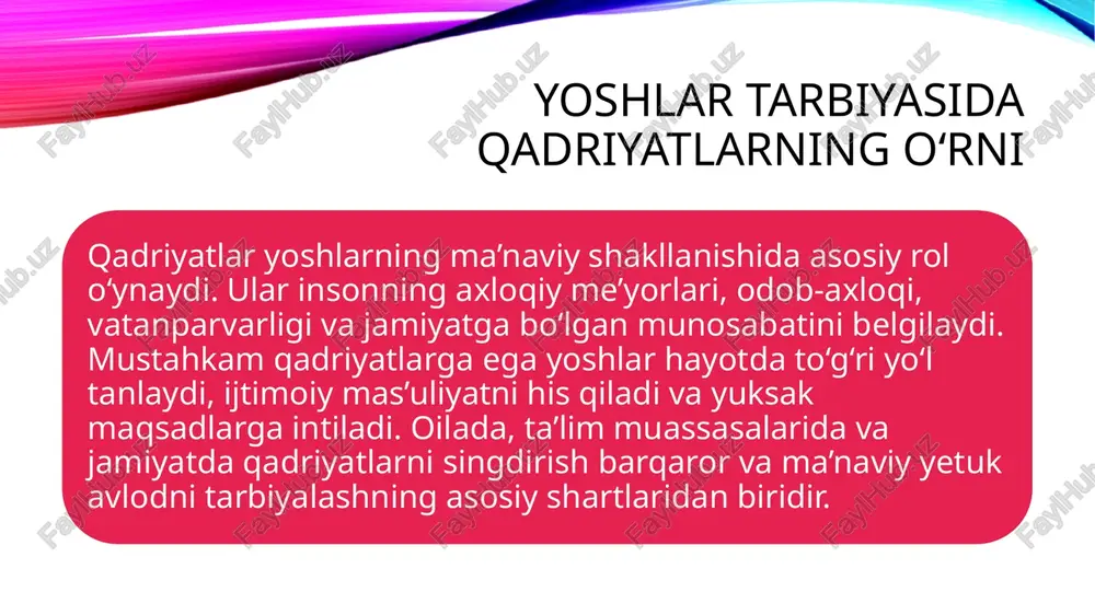 hiyasi, konstitutsiyasiga ega bo‘ldi. jahon bo‘ylab hilpirab turgan o‘zbekiston bayrogida xalqimizning ruhi, g‘urur iftixori, qudrati, orzu-intilishlari mujassamlashgan. mashg‘ulotlarni mustahkamlash uchun beriladigan savollar: 1.vatan haqida qanday tushunchaga ega bo‘ldingiz? 2.mustaqil o‘zbekiston qachon tashkil topgan? 3.o‘zbekistoning bayrogida nimalar aks etgan? 4.o‘zbekiston gerbida nimalar aks etgan? 5.nima uchun ona vatan deymiz? bolalarga vatanparvarlik haqida tushuncha berish va ularda vatanni sevish ruhida-tuyg‘ularini tarbiyalash lozim. darslarda boshlang‘ich sinf o‘quvchilarini insonparvarlik ruhida tarbiyalashning tashkiliy metodik yo‘nalishlari ko‘rgazmali materiallar: vatanimiz istiqloli uchun kurashgan cho‘lpon, fitrat, abdulla qodiriy, fayzulla xo‘jaev . akmal ikromovlarning rasmlari. mashg‘ulot uslubi: hikoya qilish, tushuntirish, namuna savol-javoblar usullaridan foydalanish mumkin. biz quyidagi mashg‘ulotlarni tayyorlashda o‘rta osiyo mutafakkirlarining axloqiy qarashlari, rivoyat va shakllarga asoslanish bilan birga keyingi yillarda chop etilgan a.avloniyning «odobnoma», u.mahkamovning «axloq-odob saboqlari» kabi asarlaridan keng foydalandik. shunday qilib, boshlang‘ich sinf bolalarni insonparvarlik ruhida tarbiyalashda yuqorida amalga oshirilgan ishlar ta`lim islohotlari talablari asosida tashkil qilindi. bu turli yo‘sh bolalarini insonparvarlik ruhida tarbiyalash uchun …