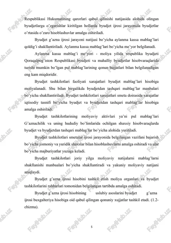 lingan qonuniy xujjatlar tashkil etadi. (1.2-chizma). 1. byudjet g’azna ijrosi hisobini bevosita va bilvosita tashkil etishini tartibga soluvchi qonunlar va qonuniy xujjatlar (o’zbekiston respublikasi qonunlari, o’zbekiston respublikasi prezidenti farmonlari, qarorlari, o’zbekiston respublikasi vazirlar mahkamasi qarorlari) 2. byudjet g’azna ijrosi hisobini tashkil etishini bazaviy tamoyillarini umumlashtiruvchi me’yoriy xujjatlar (yo’riqnomalar, nizomlar) 3. byudjet g’azna ijrosi xisobini alohida ob’ektlari hisobini yuritish mexanizmi, hususiyatlarini aks ettiruvchi hujjatlar (o’zbekiston respublikasi moliya vazirligining uslubiy ko’rsatmalari, tavsiyalari) 4. byudjet g’azna ijrosi hisobini tashkiliy, texnik va uslubiy jihatlarini mujassamlashtirgan ishchi xujjatlar davlat byudjeti har yili mamlakat oliy majlisining sessiyasida ko‘rib chiqiladi va tasdiqlanadi. davlat budjctida milliy daromadning katta qismi markazlashtiriladi. u taqsimlanadi va ishlab chiqarishni kengaytirish va boshqa ijtimoiy ehtiyojlami qondirish uchun yo‘naltiriladi. bulaming hammasi davlat byudjeti daromadlari o ‘z vaqtida to‘la kelib tushishini va byudjet mablagmarining maqsadli sarflanishini taqozo qiladi. buni to‘g‘ri tashkil qilingan davlat byudjeti ijrosi jarayonining buxgalteriya hisobigina ta’minlashi mumkin. byudjet hisobi davlat byudjeti ijrosining …