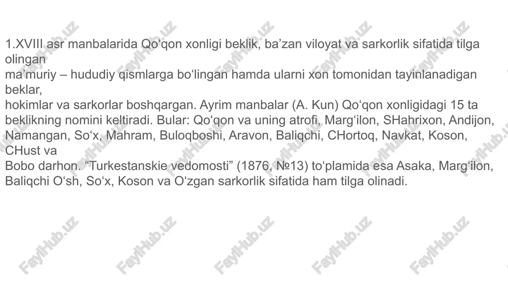 gan. 1. amirlashkar (f.-t.). bu mansabda yuqorida ko’rgaimizdek aliquli tshayinlangan edi. (1862 yilda). qhqon xonligida mingboshi harbiy unvonining vazifalari, darajasi amirlashkarlikga teng bo’lgan. 2. mingboshi (m-t)-mo’g’ullar istilosi davrida mavjud (ularda:timchi), ming nafar askarning boshlig’i. 3. botirboshi (m-t) botir va bahodirlar boshlig’i. 500 nafardan ko’p dasta yoki to’pga boshchilik qilardi. viloyatlarda botirboshi harbiy va qo’shin ishlariga ma’sul edi. botirboshi ba’zan qurilish hamda sug’orish (ariq qazish) ishlariga ham boshchilik qilgan. xonlikdagi ulug’ nahr arig’i otabek botirboshi sarkorligi ostida amalga oshirilgan edi. . yovar (f.)-soqchilarning boshlig’i. dastasi yuz znafar askardan iborat edi. yovar o’z dastasi yoki tubining hisob-kitobi, yillik xarajatini askarlari uchun xazinadan olib berardi. yovarlar xon devonini hujjatlarida g’allagir (g’alla oluvchi), javgir (bug’doy oluvchi) va sarpo oluvchi sifatida qayd etilgan. ba’zan yovar biron ariq (jo’y) yoki anhorga ham sohib bo’lib, xizmati uchun “mirobona” xaq olgan. ba’zi hujjatlarda yovar to’pchilar dastasining boshlig’i hamda qurol yasovchilar ustaxonasining sardori sifatida tasdiqlangan. mahalliy manbalarda “tarixi aliquli …