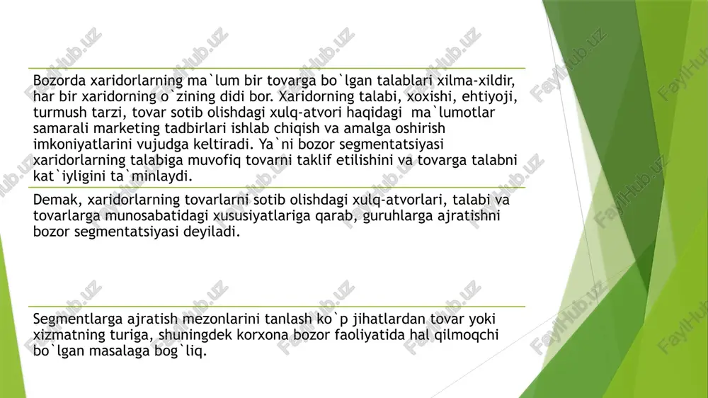 anib, keyin tovar yoki xizmatlarni oxirgi iste`molchilari klassifikatsiyasiga bog`liqligiga qarab bosqichma-bosqich chuqurlashadi. chuqurda segmentlash tor iste`molchi guruhlari (segmentlari) bilan boshlanib, keyin tovarni ishlatish va qo`llanish sohasidan bog`liqligiga qarab kengaytirishni nazarda tutadi. avvaldan segmentlash maksimal bozor segmentini o`rganishga mo`ljallangan marketing tadqiqotining boshlangich bosqichidir. bozorni segmentlash segmentlashni xarakterdan bog`liqligiga ko`ra iste`molchilar turiga ko`ra mikrosegmentlash ichkarida segmentlash chuqur segmentlash avvaldan segmentlash yakuniy segmentlash iste`mol tovarlari iste`molchilarini segmentlash ishlab chiqarish texnik tovarlar bo`yicha iste`mol-chilarini segmentlash ikki turdagi tovar iste`molchilarini segmentlash makrosegmentlash bozor segmentatsiyasining tamoyillari quyidagilardir: 1. geografik tamoyil 2. psixografik tamoyil 3. demografik tamoyil 4. xulq-atvor tamoyili foydalanilgan adabiyotlar vaxobov a.v., xojibakiev sh.x., mo’minov n.g. “xorijiy investitsiyalar”. o’quv qo’llanma.- t.: moliya, 2010.-328 b. vaxabov a.v., razikova g.x., xajibakiev sh.x. inostrannie investitsii i modernizatsiya natsionalnoy ekonomiki. monografiya. t.: moliya, 2011.-300 s. bekmurodov a.sh., karrieva ya.k., ne’matov i.u., nabiev d.h., kattaev n.t. xorijiy investitsiyalar. o’quv qo’llanma. –t.:iqtisodiyot, 2010.-166 b. mamatov b., xujamkulov d., nurbekov o. investitsiyalarni …