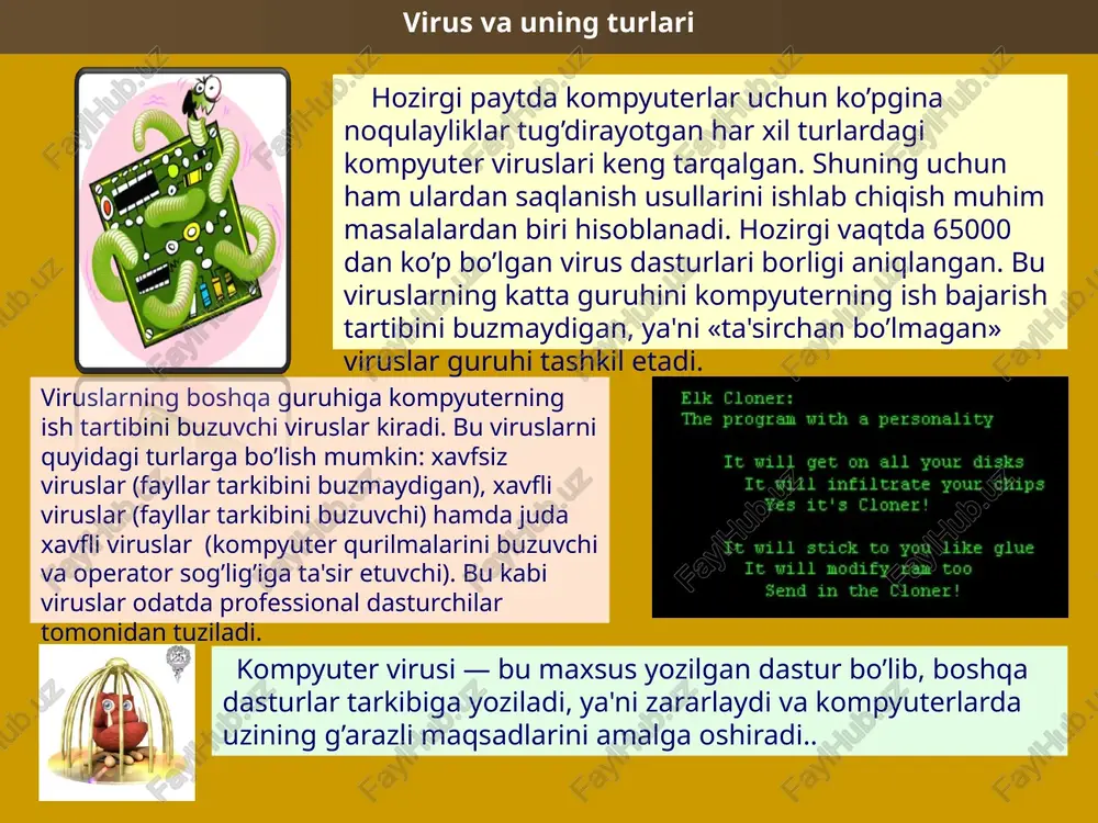 din har doim virusga qarshi tekshirish qimmatli axborotlarning nusxasini har doim arxiv fayl kurinishida saqlash. proizvolniy zapusk na kompyutere kakix-libo programm chastie «zavisaniya» i sboi v rabote kompyutera medlennaya rabota kompyutera pri zapuske programm ischeznovenie ili izmenenie faylov i papok chastoe obrashenie k jestkomu disku «zavisanie» ili neojidannoe povedenie brauzera obrazets teksta vtoroy uroven tretiy uroven chetvertiy uroven pyatiy uroven kompyuterni viruslar bilan zararlanishidan saqlash va axborotlarni ishonchli saqlash uchun quyidagi qoidalarga amal qilish lozim: kompyuterni zamonaviy antivirus dasturlar bilan ta'minlash; disketalarni ishlatishdan oldin har doim virusga qarshi tekshirish qimmatli axborotlarning nusxasini har doim arxiv fayl kurinishida saqlash. kompyuter viruslariga qarshi kurashning quyidagi turlari mavjud: viruslar kompyuterga kirib buzgan fayllarni o’z holiga qaytaruvchi dasturlarning mavjudligi; kompyuterga parol bilan kirish, disk yurituvchilarning yopik turishi disklarni yozishdan ximoyalash litsenzion dasturiy ta'minotlardan foydalanish va o’girlangan dasturlarni qo’llamaslik; kompyuterga kiritilayotgan dasturlarda virus- larning mavjudligini tekshirish obrazets teksta vtoroy uroven tretiy uroven chetvertiy uroven pyatiy …