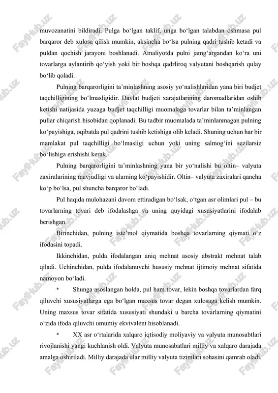 chi hususiy mehnat ijtimoiy mehnat sifatida namoyon bo‘ladi. · shunga asoslangan holda, pul ham tovar, lekin boshqa tovarlardan farq qiluvchi xususiyatlarga ega bo‘lgan maxsus tovar degan xulosaga kelish mumkin. uning maxsus tovar sifatida xususiyati shundaki u barcha tovarlarning qiymatini o‘zida ifoda qiluvchi umumiy ekvivalent hisoblanadi. · xx asr o‘rtalarida xalqaro iqtisodiy moliyaviy va valyuta munosabtlari rivojlanishi yangi kuchlanish oldi. valyuta munosabatlari milliy va xalqaro darajada amalga oshiriladi. milliy darajada ular milliy valyuta tizimlari sohasini qamrab oladi. milliy valyuta tizimi – bu valyuta qonunchiligi bilan belgilanadigan davlat valyuta munosabatlarini tashkil qilishning shakliddir. · pul muomalasini boshqarishda o‘zbekiston respublikasi markaziy banki va markaziy bankining xududiy bosh boshqarmalari quyidagi · xuquqlarga yega · * markaziy bank pul belgilarini muomalaga banknot va tangalar ko‘rinishida chiqarish borasida mutlaq xuquqqa ega. · o‘zbekiston respublikasi markaziy banki muomalaga chiqarilmagan pul belgilarini saqlash maqsadida o‘zbekiston respublikasi markaziy bankining xududiy bosh boshqarmalarida zaxira jamgarmalarini tashkil etadi. · * tijorat …