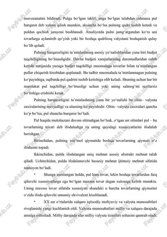 mehnat ijtimoiy mehnat sifatida namoyon bo‘ladi. · shunga asoslangan holda, pul ham tovar, lekin boshqa tovarlardan farq qiluvchi xususiyatlarga ega bo‘lgan maxsus tovar degan xulosaga kelish mumkin. uning maxsus tovar sifatida xususiyati shundaki u barcha tovarlarning qiymatini o‘zida ifoda qiluvchi umumiy ekvivalent hisoblanadi. · xx asr o‘rtalarida xalqaro iqtisodiy moliyaviy va valyuta munosabtlari rivojlanishi yangi kuchlanish oldi. valyuta munosabatlari milliy va xalqaro darajada amalga oshiriladi. milliy darajada ular milliy valyuta tizimlari sohasini qamrab oladi. milliy valyuta tizimi – bu valyuta qonunchiligi bilan belgilanadigan davlat valyuta munosabatlarini tashkil qilishning shakliddir. · pul muomalasini boshqarishda o‘zbekiston respublikasi markaziy banki va markaziy bankining xududiy bosh boshqarmalari quyidagi · xuquqlarga yega · * markaziy bank pul belgilarini muomalaga banknot va tangalar ko‘rinishida chiqarish borasida mutlaq xuquqqa ega. · o‘zbekiston respublikasi markaziy banki muomalaga chiqarilmagan pul belgilarini saqlash maqsadida o‘zbekiston respublikasi markaziy bankining xududiy bosh boshqarmalarida zaxira jamgarmalarini tashkil etadi. · * tijorat banklarining barcha …